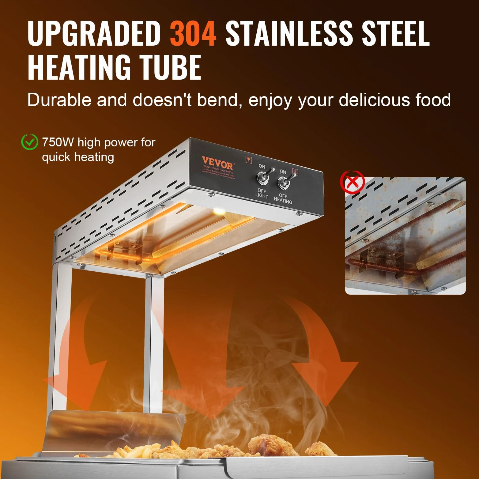 VEVOR Chauffe-Frites Commercial 750 W Lampe Chauffe-Plat en Acier Inoxydable Température 40-50 ℃ avec Pince pour Maintien au Chaud Pizza Poulet Frit Hamburger Aliments Buffet Cuisine Restaurant