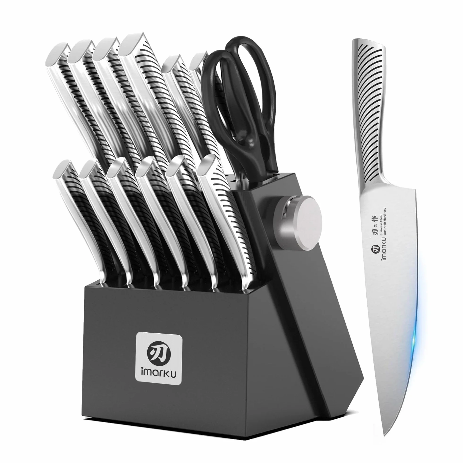 imarku Couteau Cuisine Professionnel, Set de 14 Couteaux de Cuisine en Acier Inoxydable, Bloc à Couteaux avec Aiguisoir, Poignée Ergonomique, Cadeau Fête des Pères
