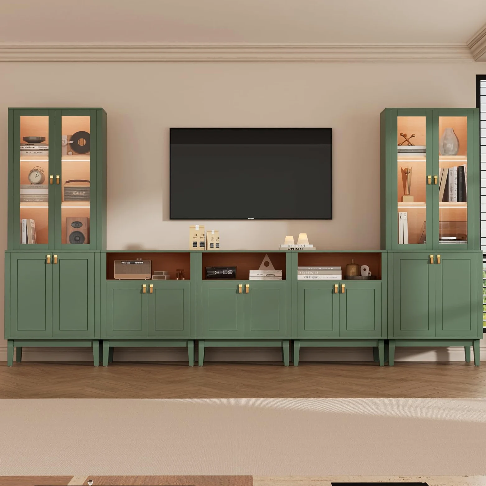 VOWNER Meuble TV Bibliotheque avec LED, 300 cm Grand Meuble Télé avec Portes en Verre pour TV jusqu'à 75 Pouces, Meuble TV Set, Buffet pour Salon, Cuisine, 300 x 180 x 40 cm (Vert, 5PCS)