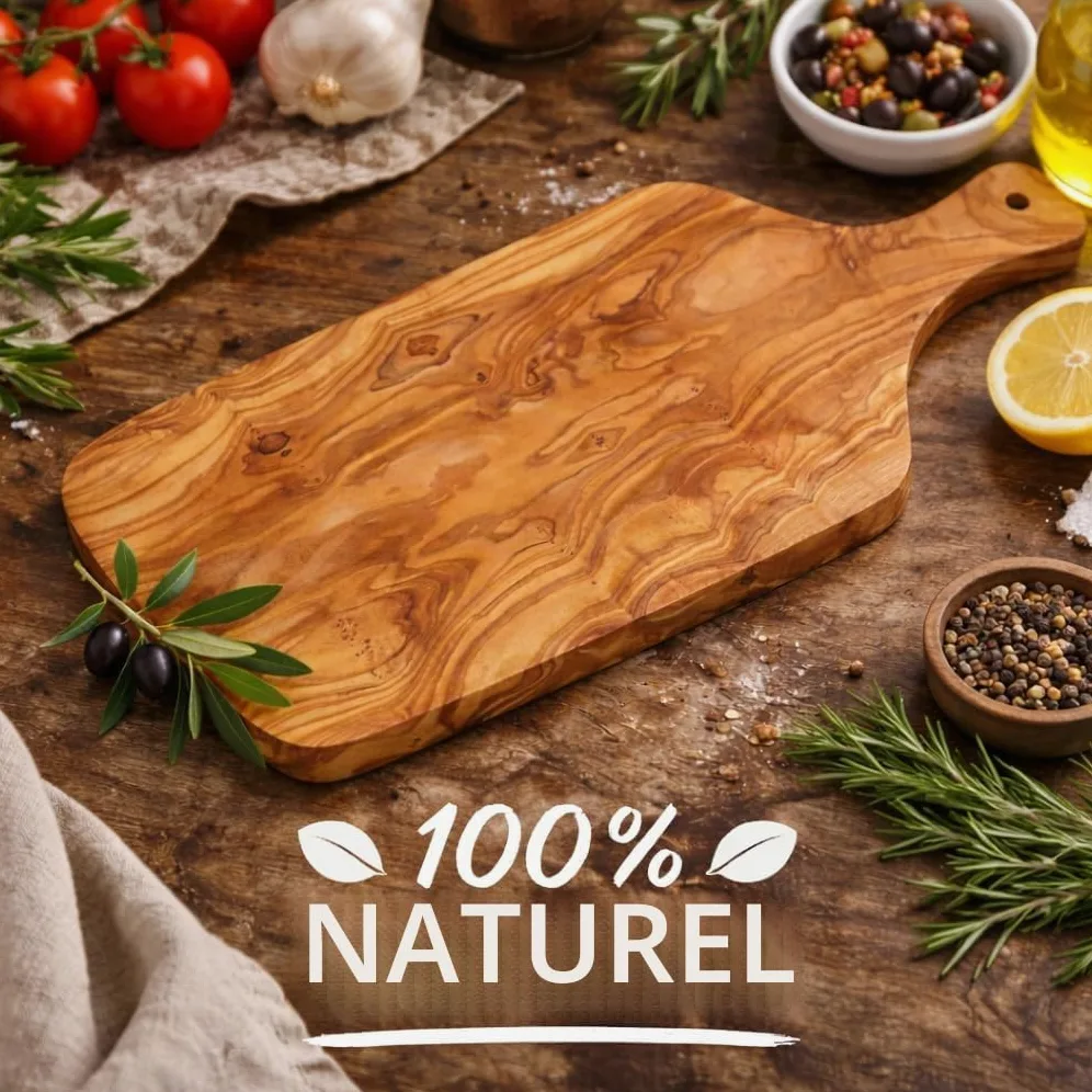 Planche à Découper Artisanale avec Poignée en Bois d'Olivier Naturel - Fabriquée à la Main - 40 cm