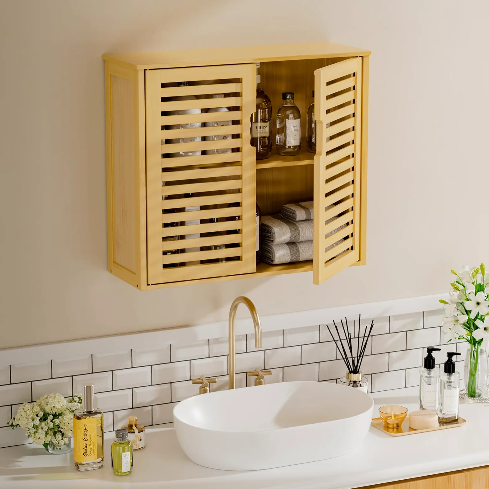 HITNET Armoire Salle de Bain Murale, Armoire à Pharmacie en Bambou 2 Portes avec Étagère Réglable, Meuble de Rangement Suspendu pour Salon, Cuisine et Entrée, Naturel