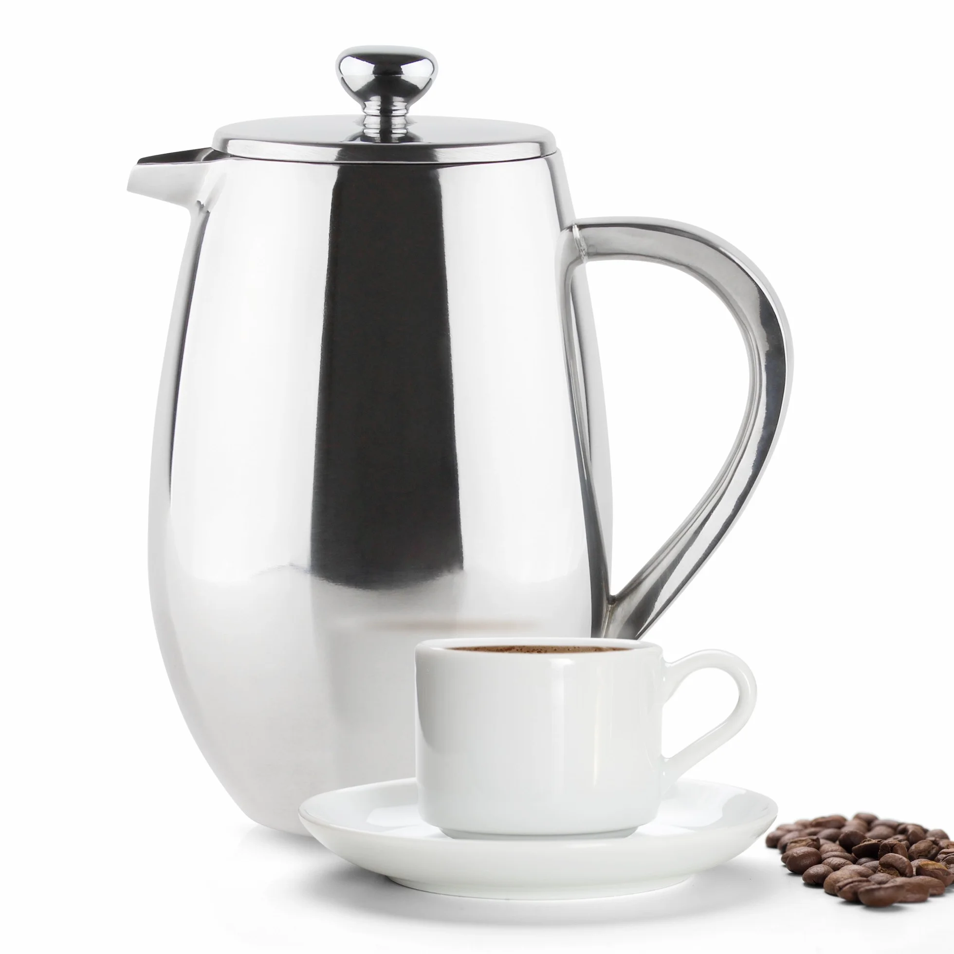 Café Olé BFD Cafetière, corps à double paroi en acier inoxydable 18/10 et filtre à mailles, finition miroir, 1000 ml (8 tasses à espresso ou 4 tasses)