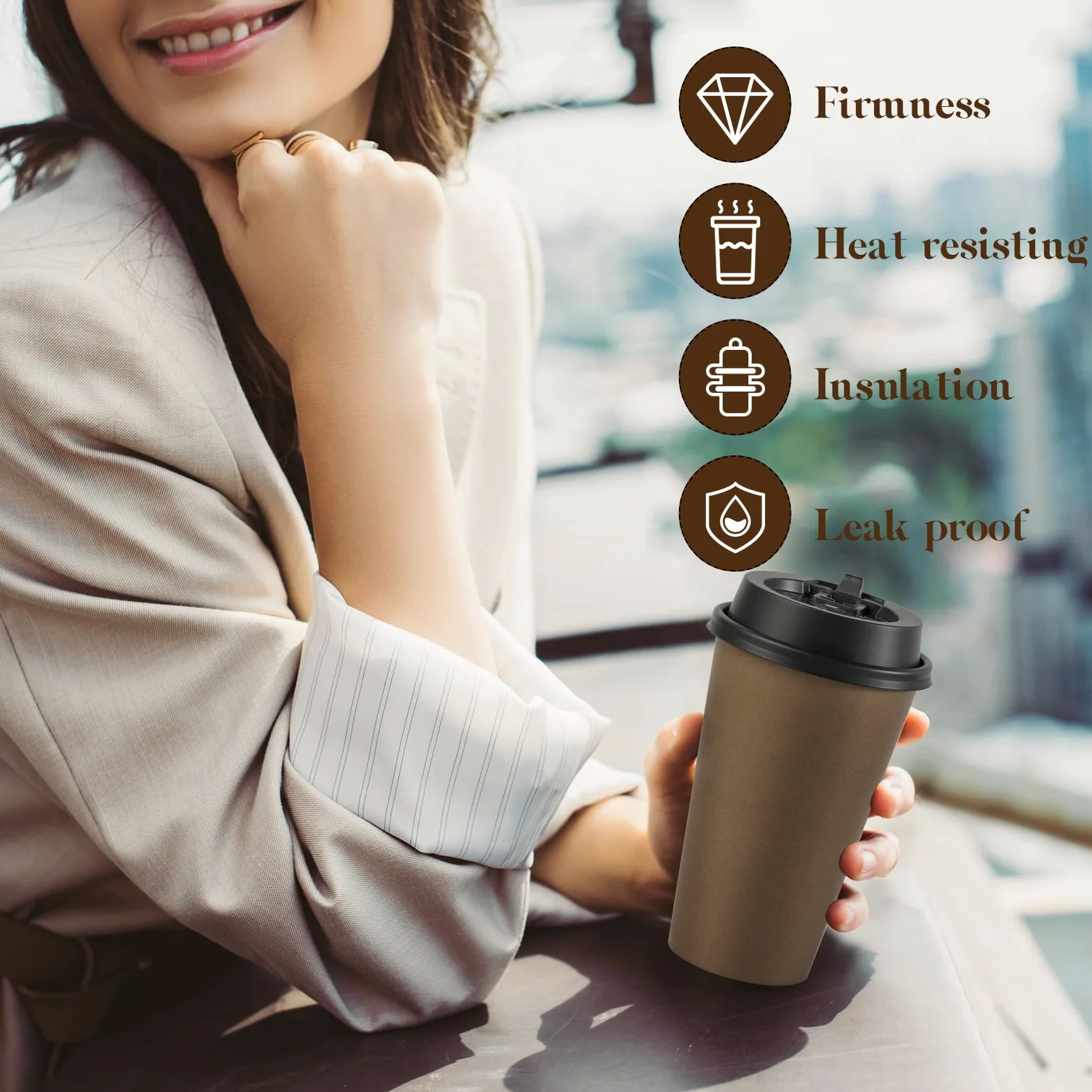 LITOPAK Lot de 100 tasses à café jetables en papier marron de 473,6 g avec couvercles, pour café chaud, eau, jus ou thé, tasses à café en papier chaud pour la maison, le restaurant, le magasin et le