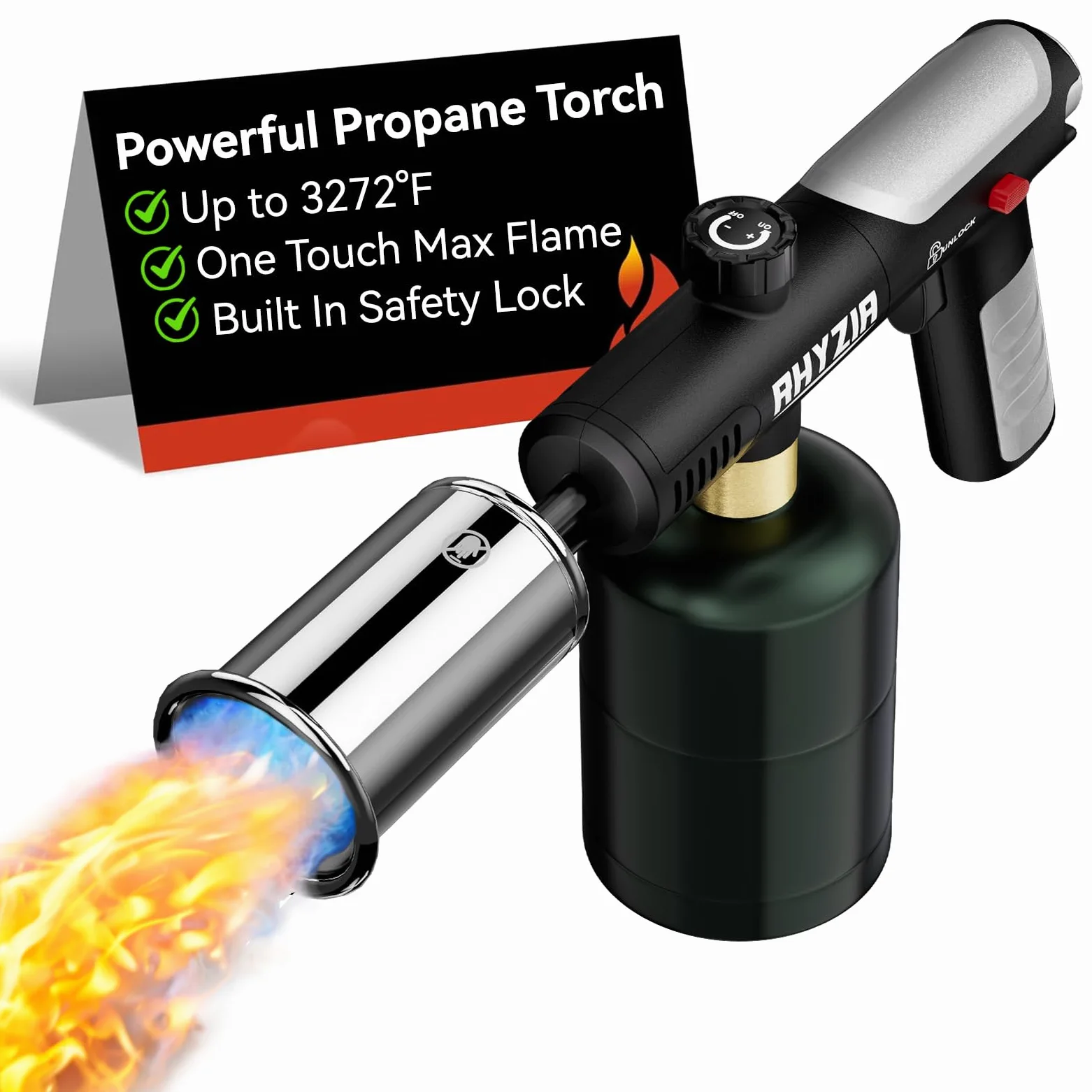Puissant chalumeau au propane avec verrouillage de sécurité, adapté à une utilisation en cuisine pour cuisiner, faire des barbecues, saisir des steaks et griller (bouteille de gaz non incluse).