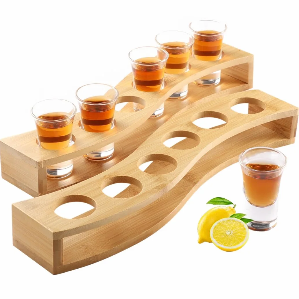 Lot de 6 verres à shot de qualité supérieure avec porte-plateau en bambou en forme de S, gobelets en verre transparent de 25 ml, parfaits pour les fêtes et les restaurants