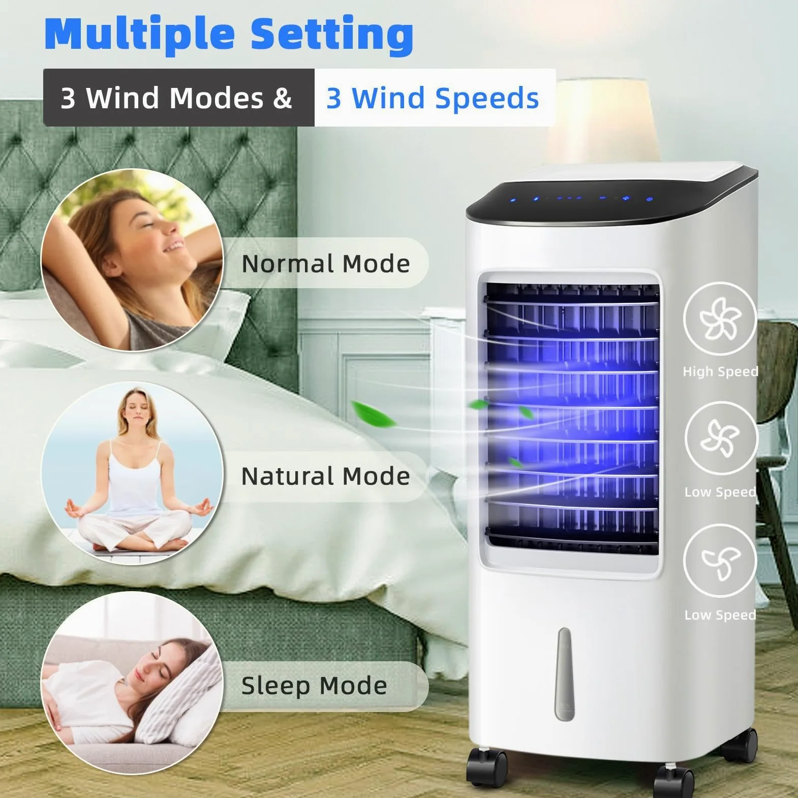 SOARS Ventilateur Rafraichisseur d'Air 65W, 3 en 1 Refroidisseur d'Air, Ventilateur, Humidificateur, 3 Vitesses, Minuterie 7,5H, Réservoir d'Eau 7L, Télécommande, pour Chambre, Salon, Bureau