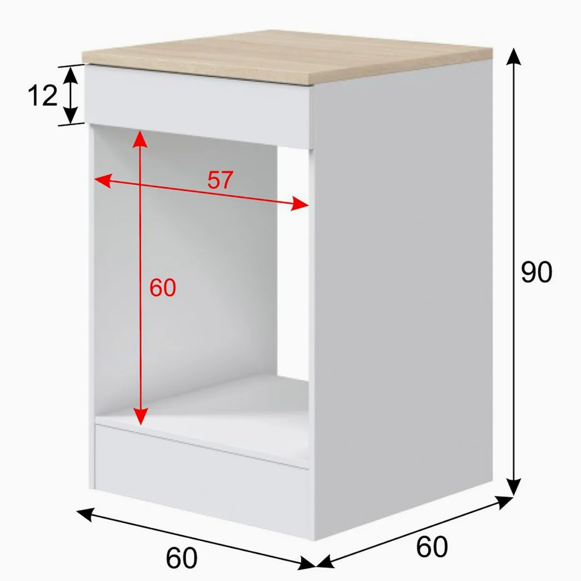 PEGANE - Meuble Bas de Cuisine avec Plan de Travail pour Four Coloris Blanc Brillant/Chêne Canadien - Hauteur 90 x Longueur 60 x Profondeur 60 cm