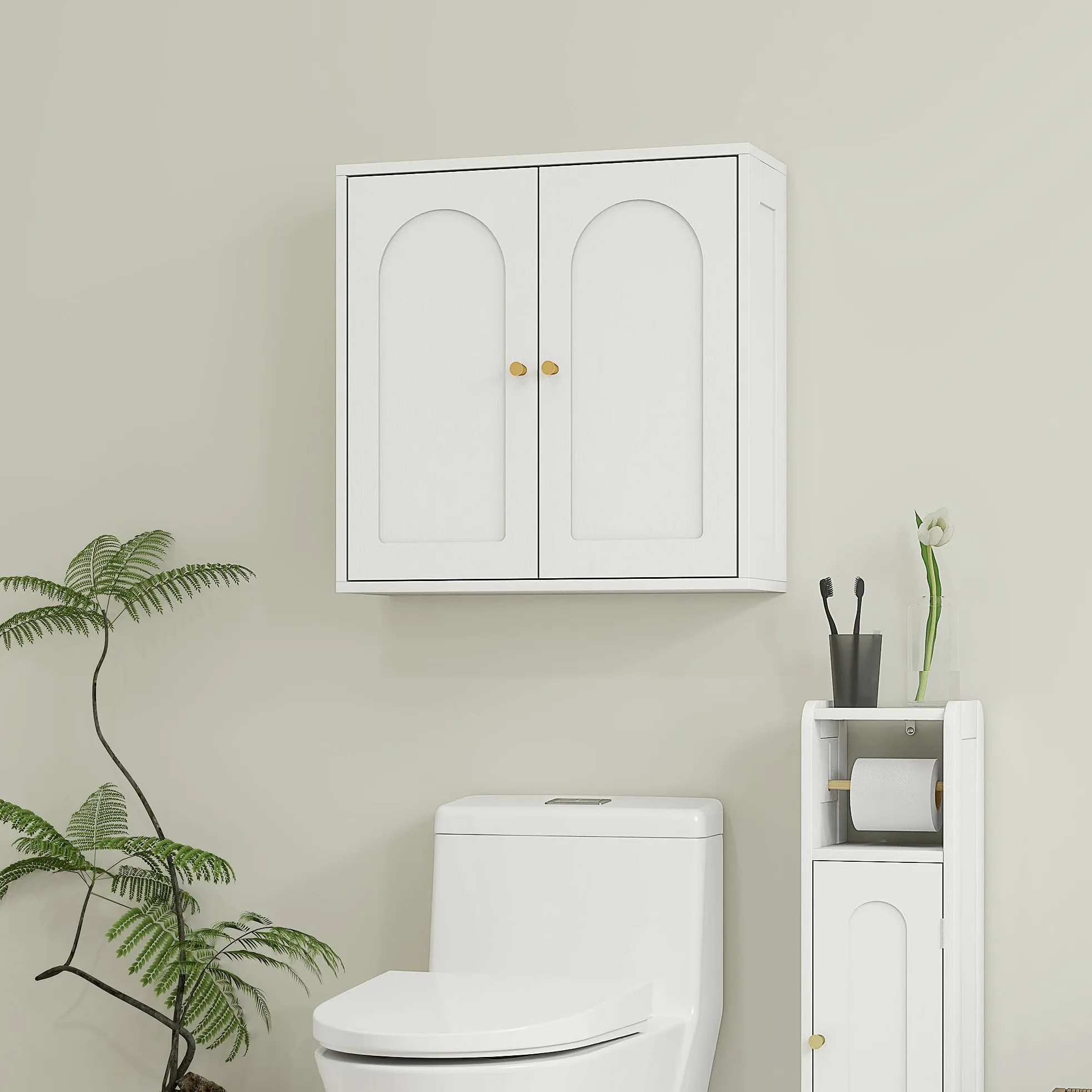 HOMCOM Armoire Murale, Meuble Haut Salle de Bain Style Moderne avec Placard à Double Porte et poignées dorées, Meuble de Salle de Bain Suspendu, 60 x 20 x 60 cm, Blanc