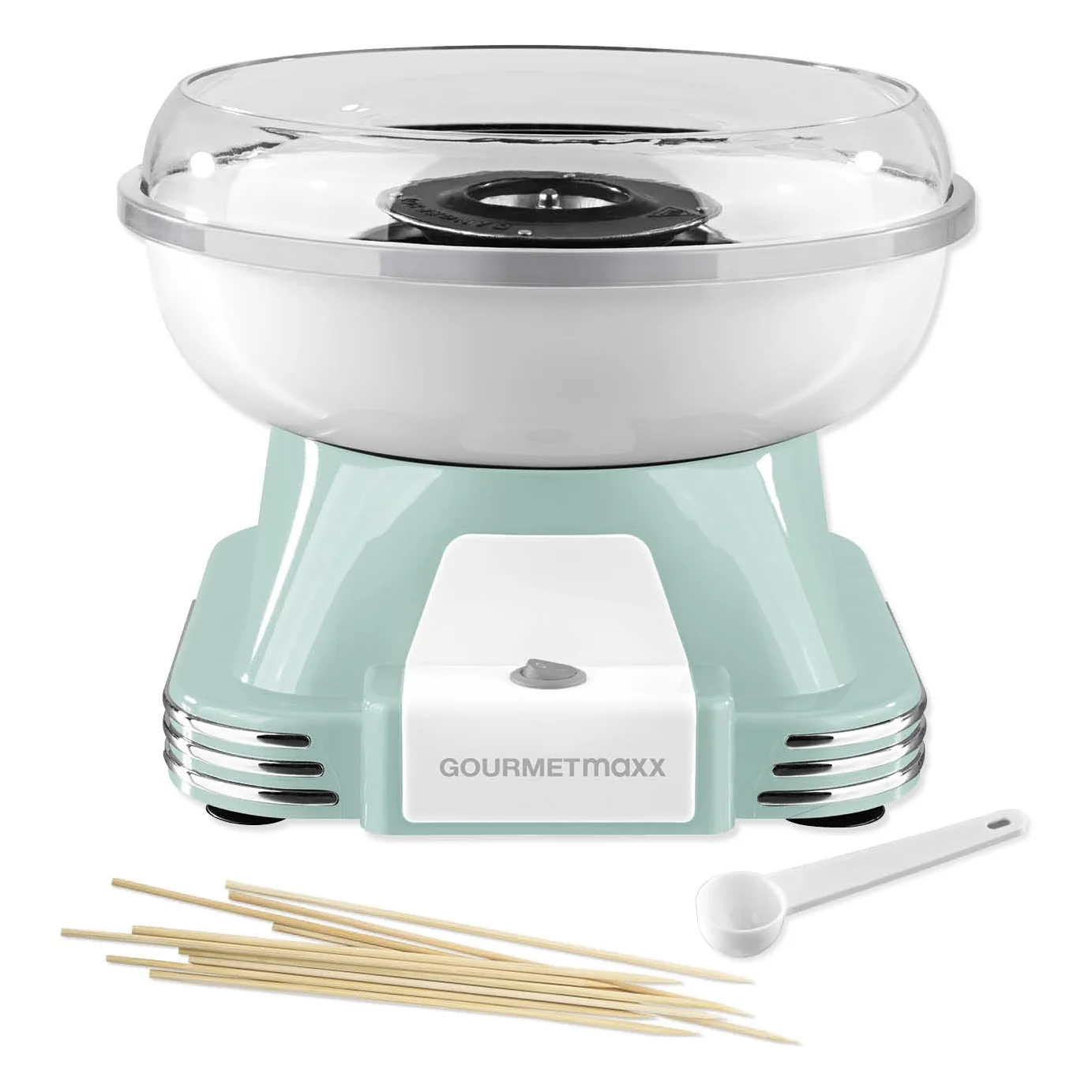 GOURMETmaxx Machine à barbe à papa pour la maison | L'original avec 10 bâtonnets & cuillère doseuse au design rétro nostalgique | Barbe a papa pour les fêtes d'enfants, les anniversaires [Menthe]