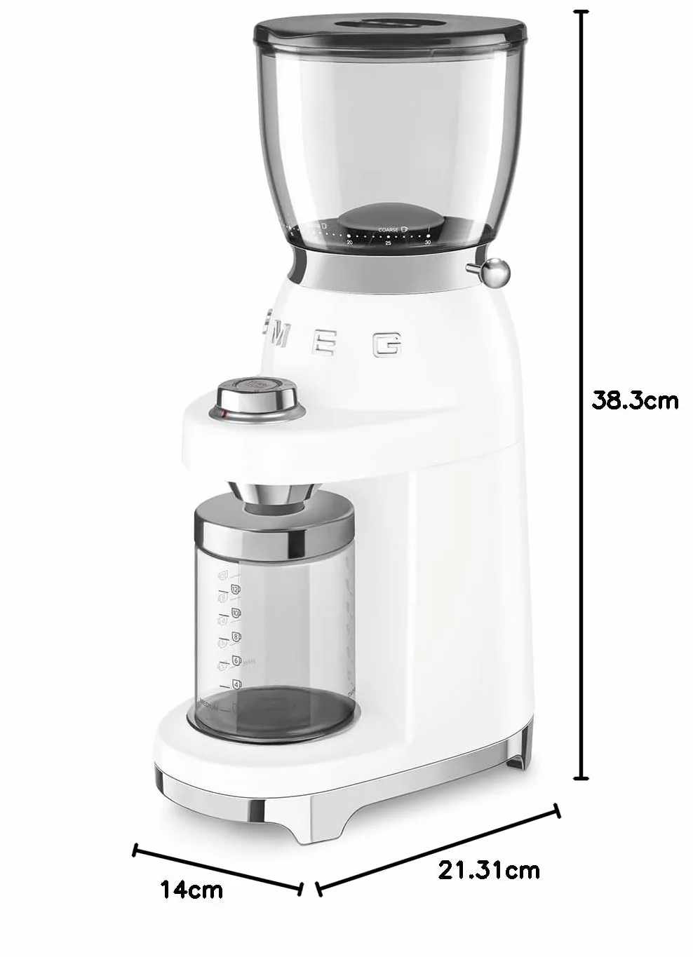 Smeg Moulin à café CGF01WHUK en aluminium, style rétro années 50, 8 réglages de programme et 3 niveaux de broyage, blanc