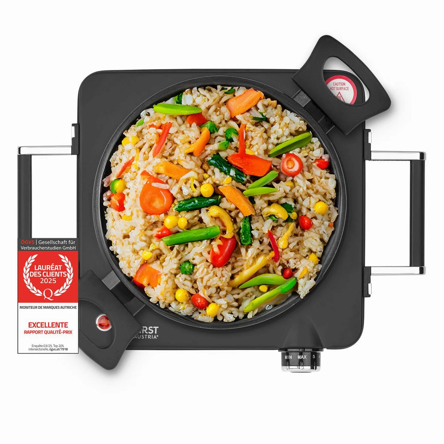 TZS First Austria - Plaque Infrarouge 1500W - Plaque vitrocéramique pour tous types de casseroles - Réchaud électrique avec poignées, réglage continu & témoin lumineux - Ø 220 mm - Noir