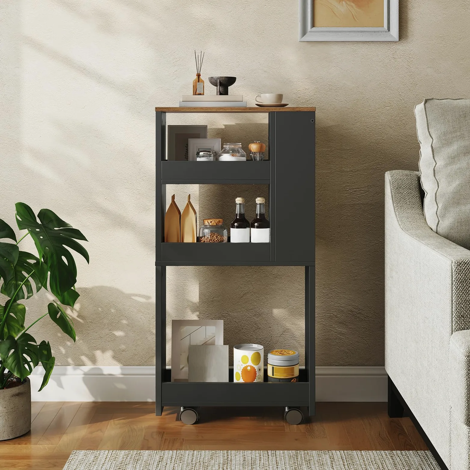 HOOBRO Chariot à 4 Niveaux, 40 x 15 x 85,5 cm, Chariot de Service Étroit avec 4 Roues Pivotantes Verrouillables, pour Petits Espaces, Cuisine, Salle de Bains, Salon, Noir et Marron Rustique EBF84TC01