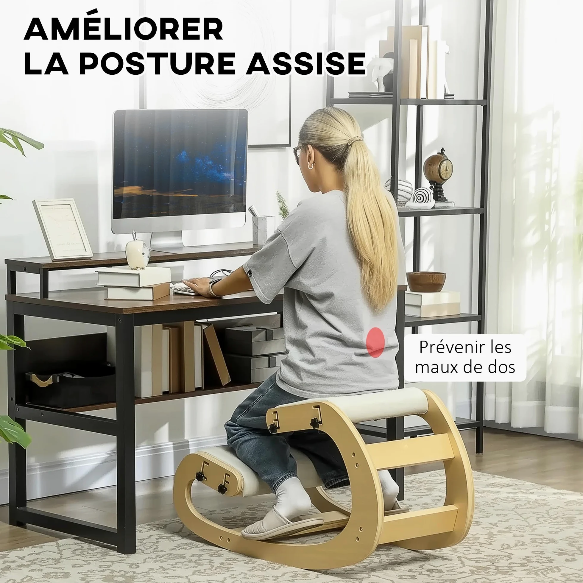 HOMCOM Siège Assis Genoux, siège Ergonomique en Bois à Bascule, Chaise à Genoux réglable pour Bureau à Domicile, améliorer la Posture, maux de Dos, crème
