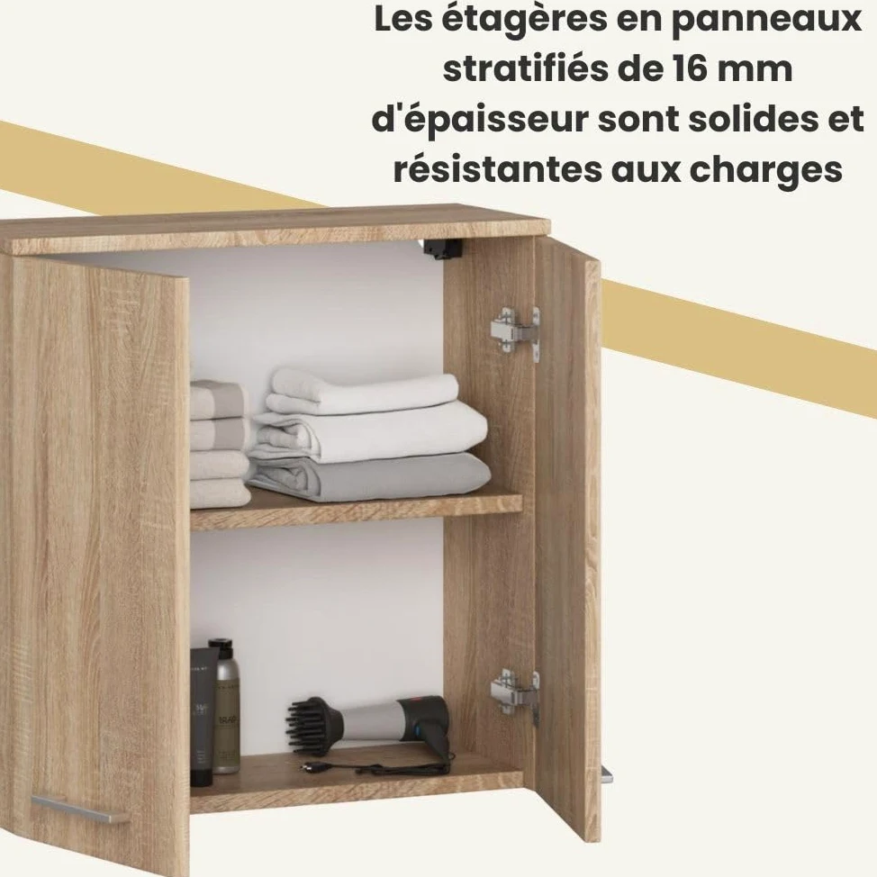 AKORD Meuble Haut WC Suspendu | Fin L60 | 2 Portes | Etagere Murale | Commode Salle de Bain | Armoire | Rangement | Toilette Mural | Placard Cuisine | L60 x H60 x P22,5 cm | 18 kg | Chêne de Sonoma