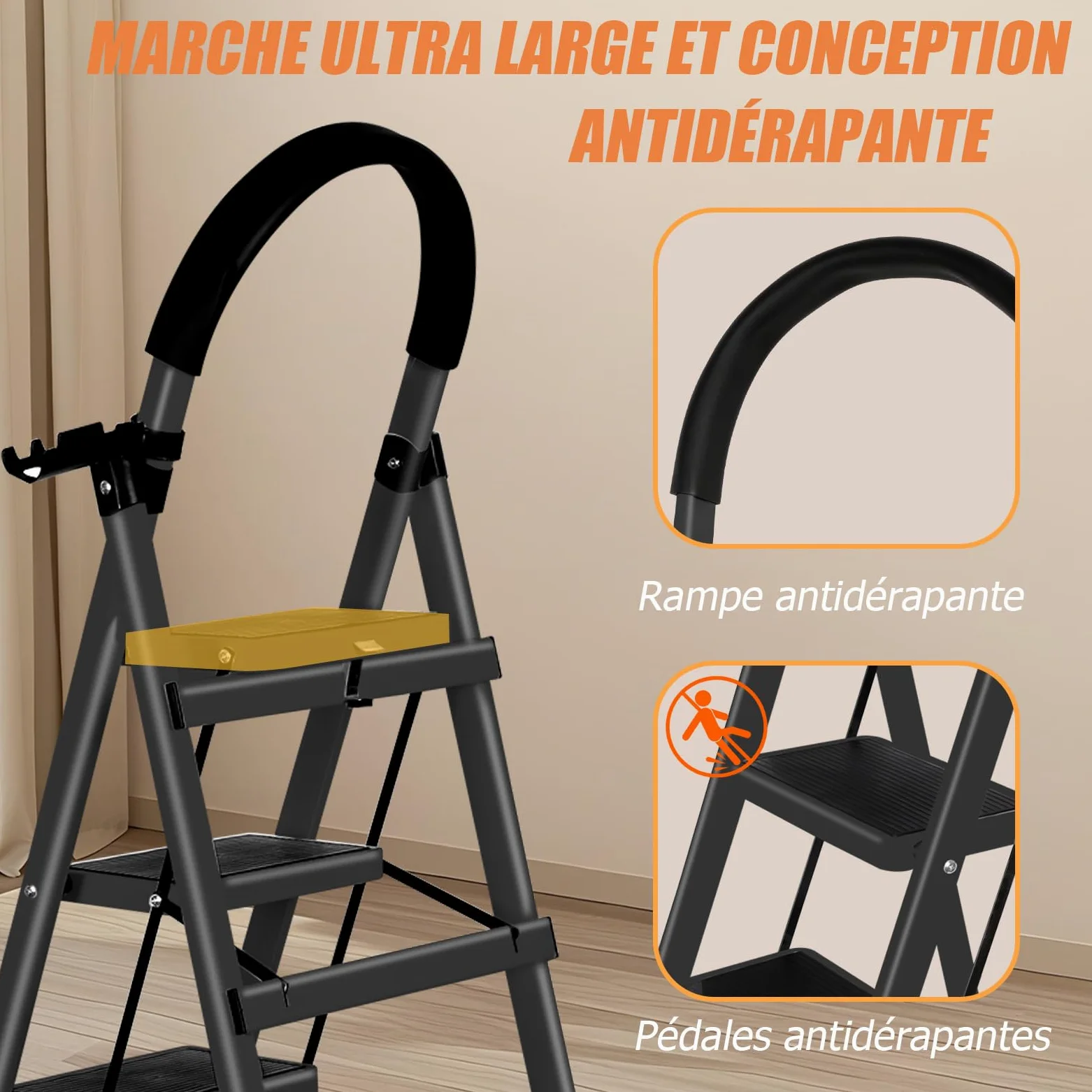 OHMG Escabeau 3 Marches avec Plateforme de Travail, Charge 150 kg Escabeau Pliable, Larges Marche Pied Pliable Antidérapantes, Tabouret en Acier Marche Pied Adulte,Charge 180 kg