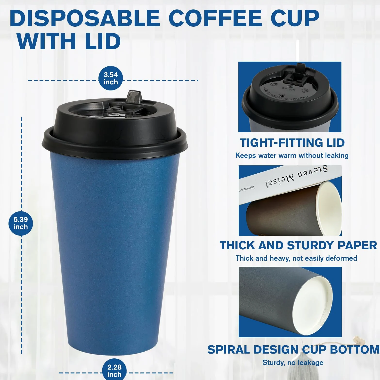 Lot de 100 gobelets à café jetables en carton avec couvercles pour café froid/chaud, eau, jus ou thé - 473 ml - Pour la maison, le restaurant, le magasin et le café - Bleu et gris