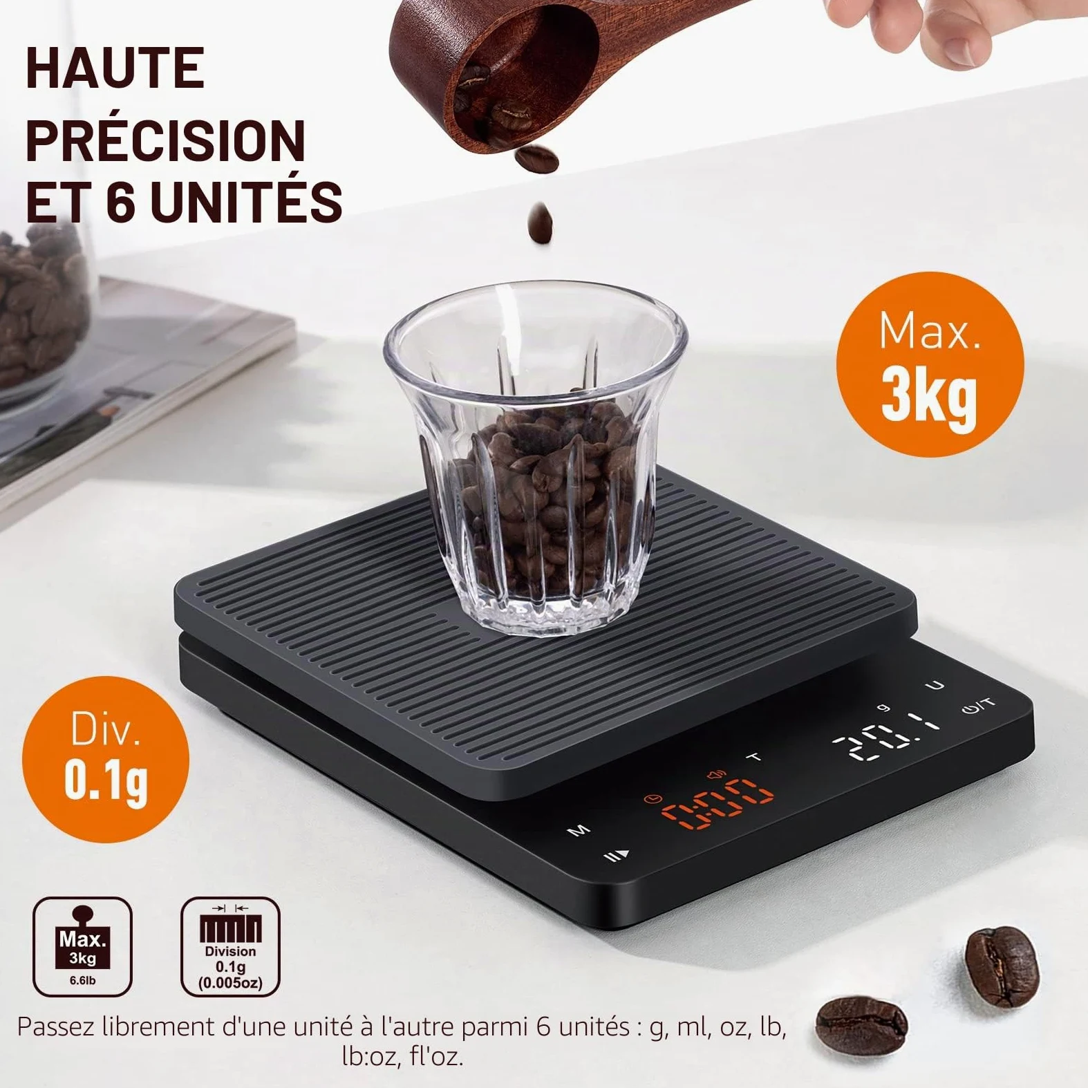 BAGAIL Balance Numérique à Café avec Minuterie, Précision 0.1g, Grand Écran, Tarage Automatique, Boutons Tactiles, Rechargeable pour Café Filtre, Poids Max 3kg