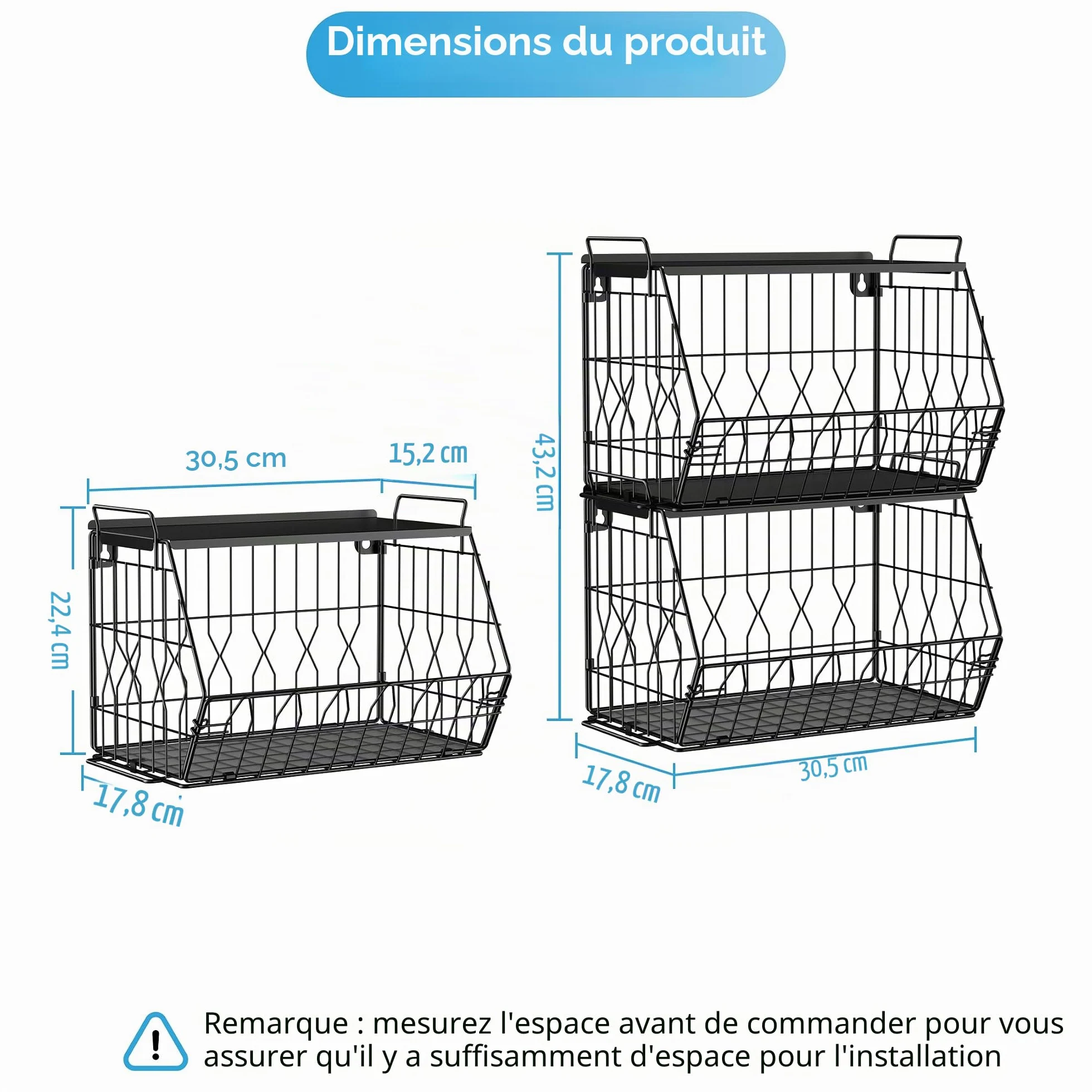 Ezprotekt Lot de 2 corbeilles à fruits empilables avec couvercles en métal, corbeilles à fruits, paniers à fruits empilables à fixation murale, paniers de rangement pour pommes de terre, oignons pour