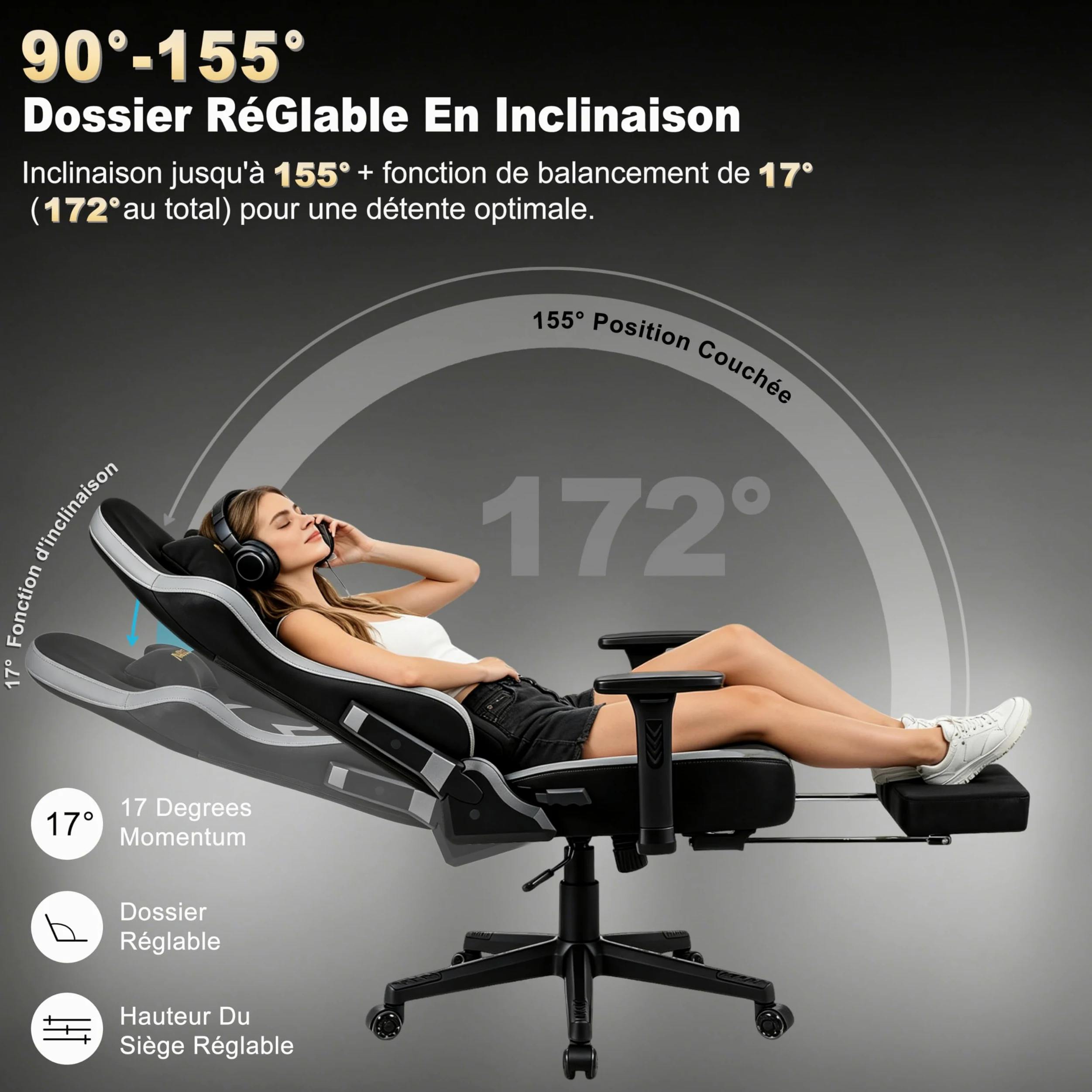 Andyou Chaise Gaming Chaise Bureau Chaise Ergonomique avec Repose Pied, Gaming Chair en Tissu Suédé, Dossier 90°-155°, Accoudoirs 3D Réglables, Fonction Bascule, Noir