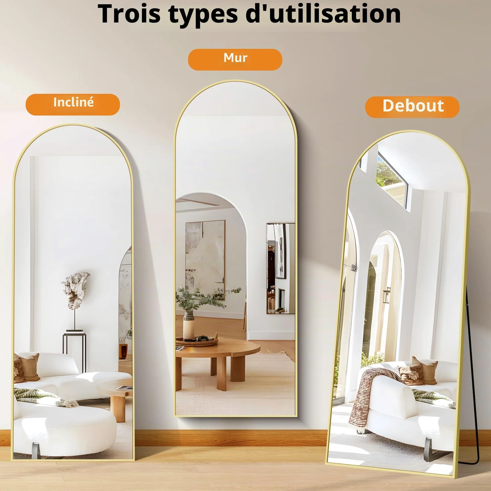WOLIBEER Miroir sur Pied 179 x 65 cm, Grand Miroir Arqué en Pleine Longueur avec Cadre en Aluminium Doré, Miroir Mural sur Pied pour Salle de Bain, Chambre à Coucher, Entrée, Couloir, Vanité