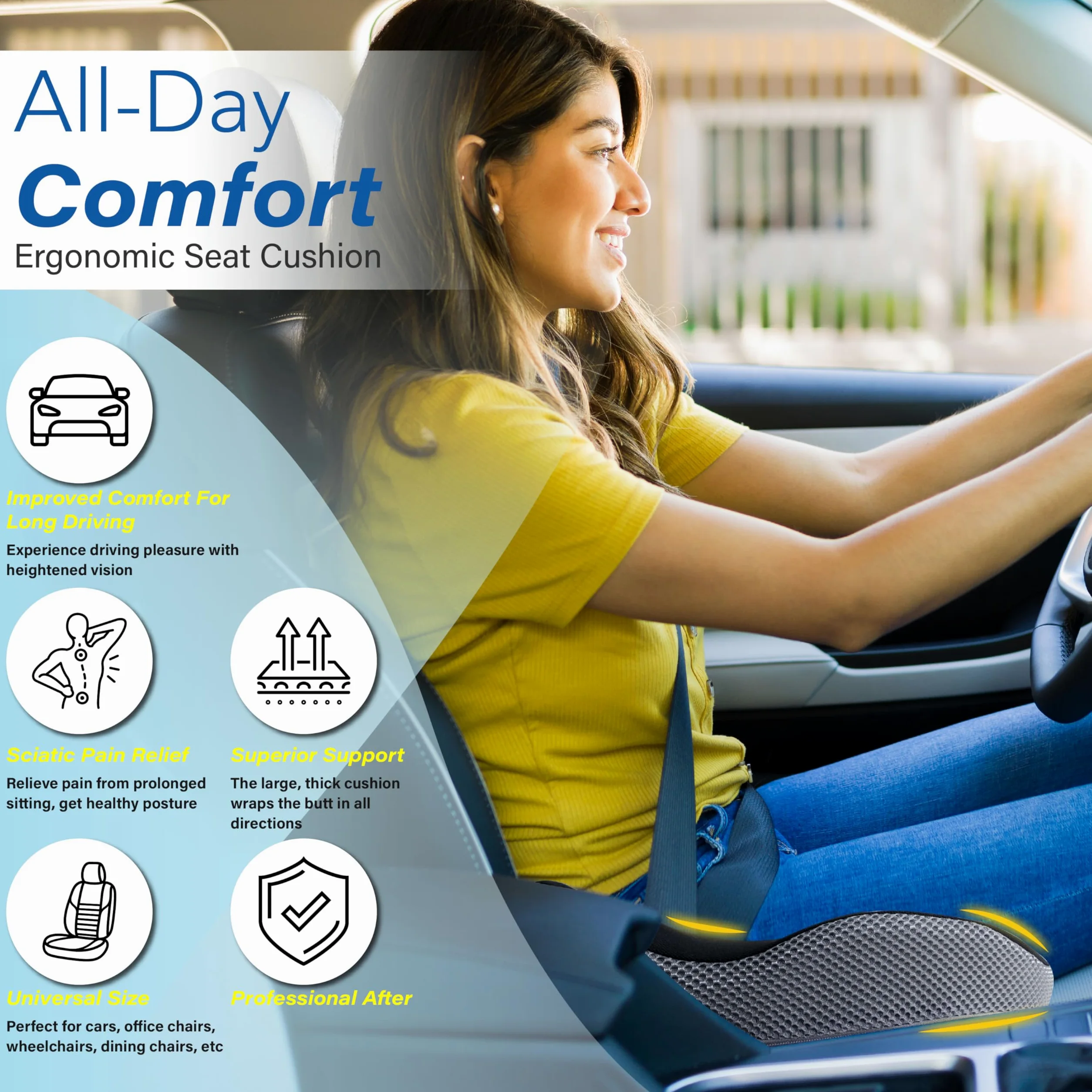 Coussin de siège de voiture, coussin ergonomique en mousse à mémoire de forme pour soulager la douleur sciatique, siège rehausseur adulte pour personnes courtes, coussin de voiture pour conduite
