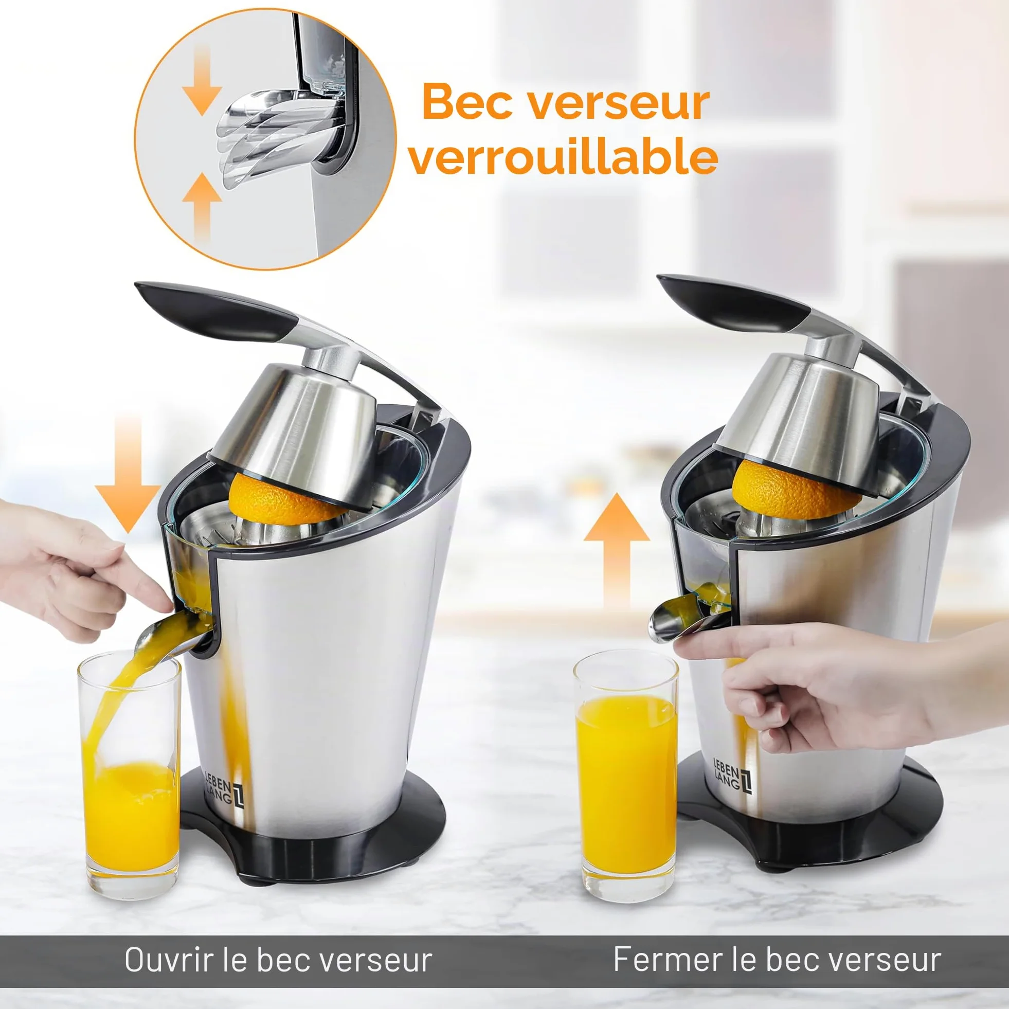 LEBENLANG Presse agrume electrique 600W - Cône en acier inoxydable & sans BPA I Presse-agrumes électriques I Juicer orange machine Presseur agrumes electriques Jus de fruit d'orange automatique