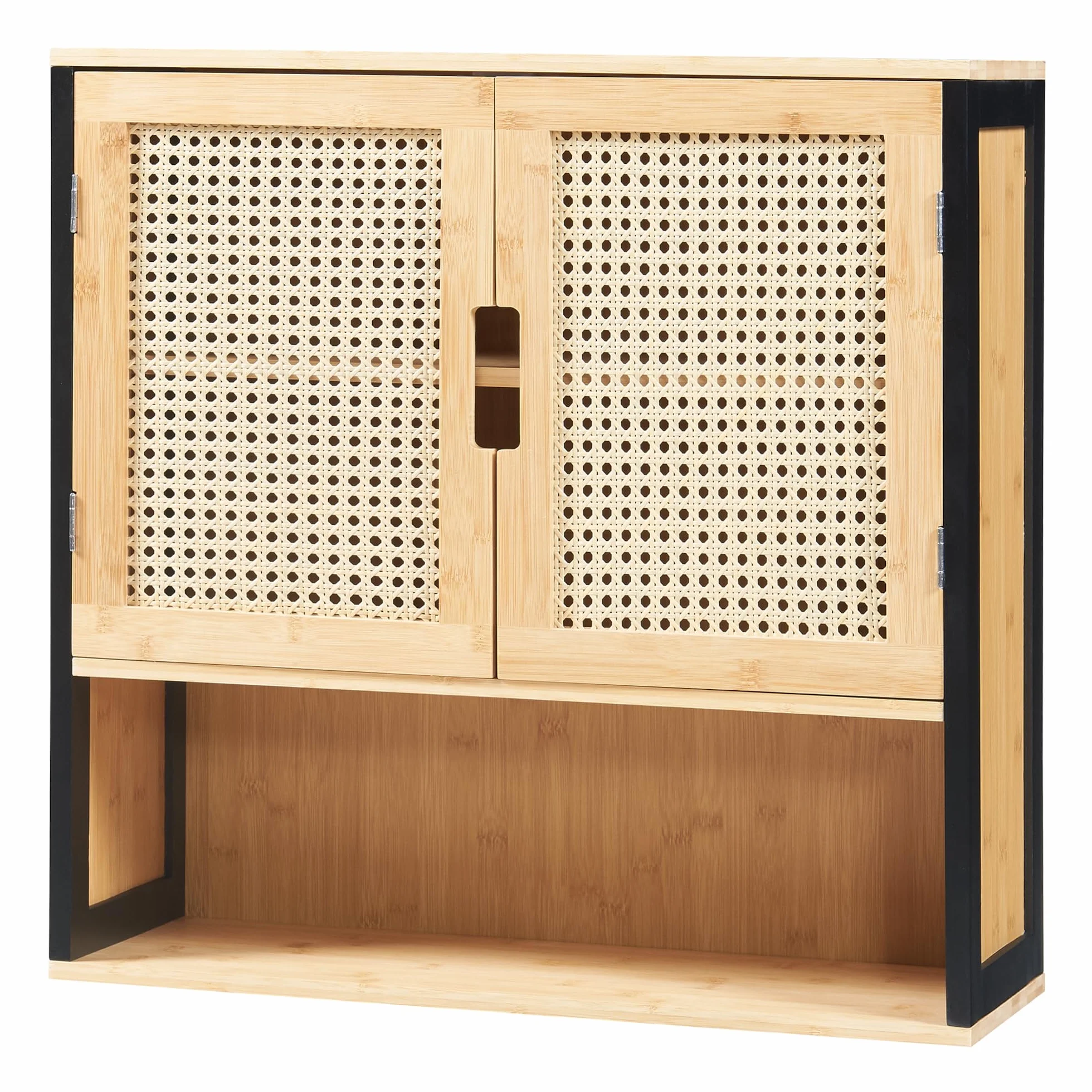 [en.casa] Armoire Murale de Salle de Bain Placard Suspendu avec 2 Portes et 2 Étagères Meuble de Rangement Flottant MDF Bambou 60 x 60 x 20 cm Noir Naturel Effet Rotin