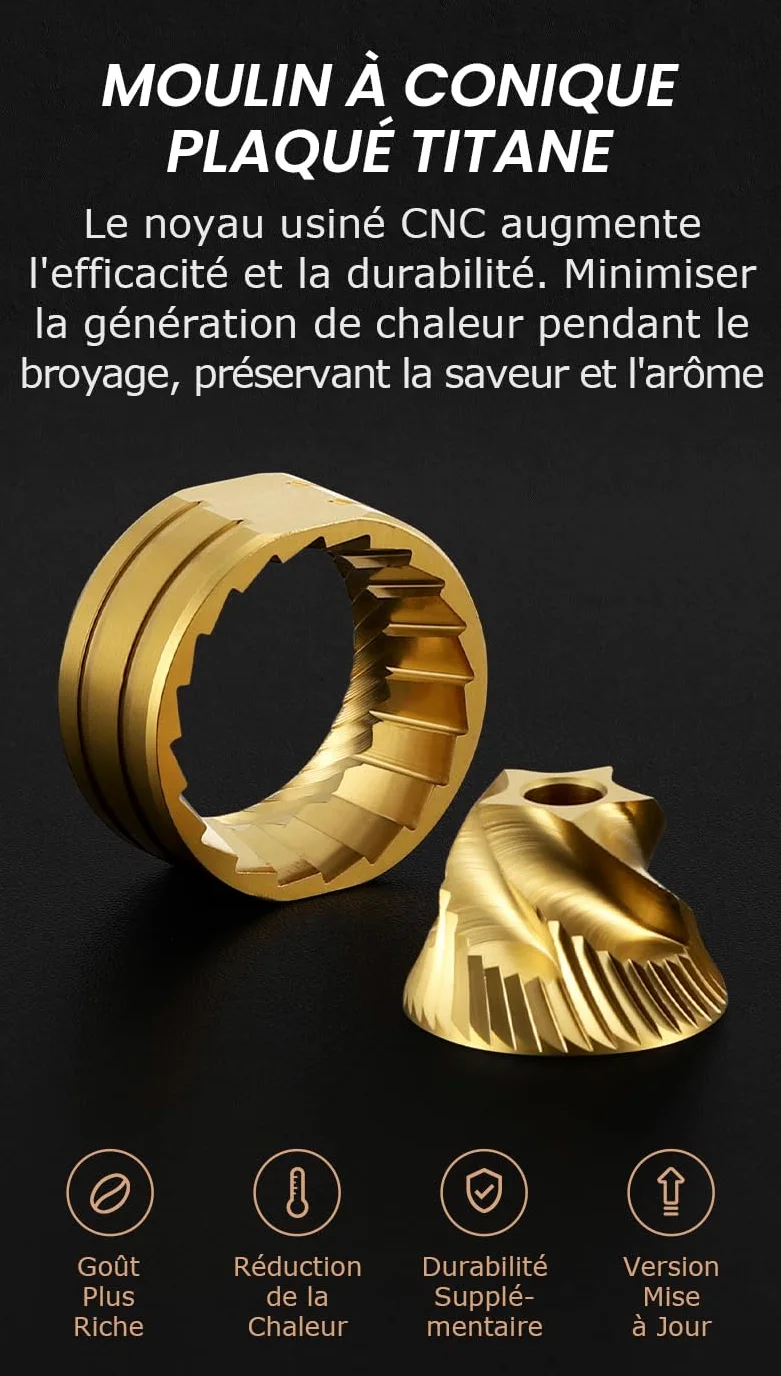 Vevok Chef Moulin à café manuel O20 – 20 niveaux de réglage externe, capacité de 35 g avec étui de voyage et équipement de nettoyage, broyage constant en acier inoxydable tii-plaqué moulin à café
