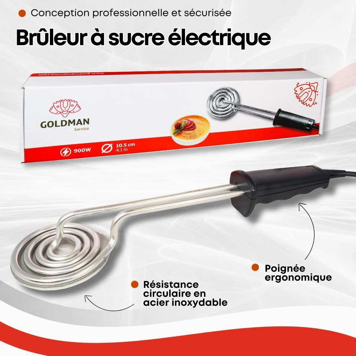 GOLDMAN SERVICE Brûleur à sucre électrique rond | 900 W en acier inoxydable | Pelle pour crème catalane et desserts | Pâtisserie professionnelle sans flamme