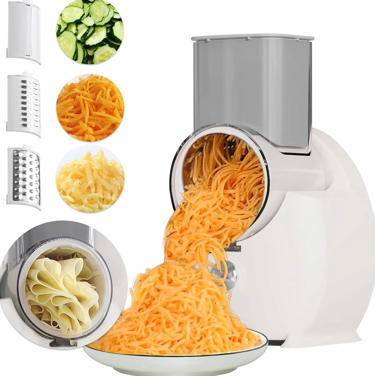 Râpe à fromage électrique pour fromage en bloc - Râpe électrique mise à niveau 2025 pour la maison et la cuisine, 3 lames interchangeables - Trancheuse électrique pour légumes, fruits, noix - Blanc