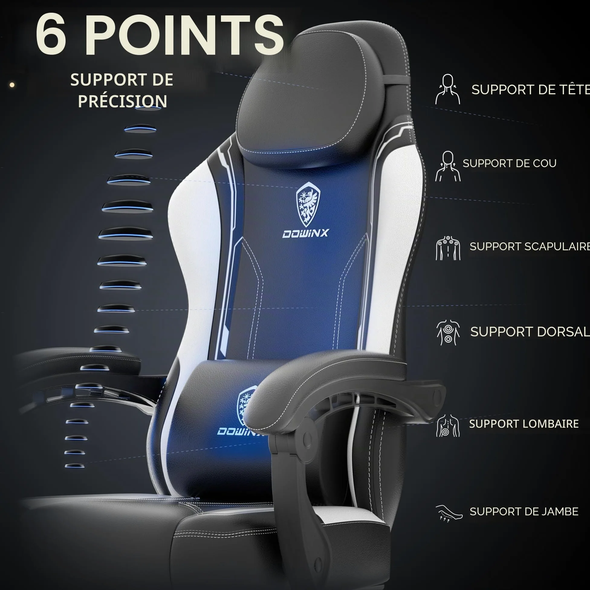 Dowinx Chaise de gamer, ergonomique, avec soutien lombaire, en cuir synthétique et polycarbonate, dossier élargi, charge maximale de 150 kg, blanche