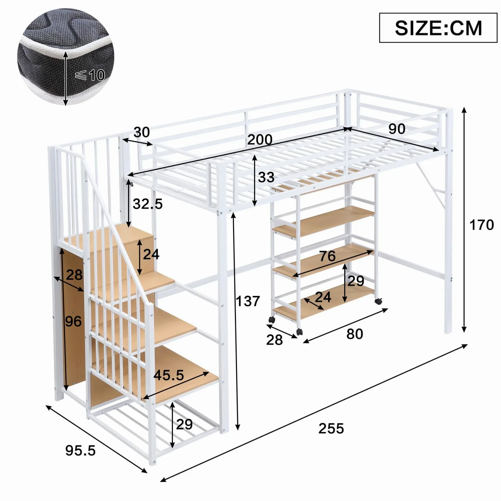 Lit Mezzanine Enfant 90x200 Métal,Lit Mezzanine 1 Place avec étagère à 4 Niveaux sur roulettes,Escalier de Rangement,Tringle à Vêtements,Haute Barrière,pour Enfants Ados