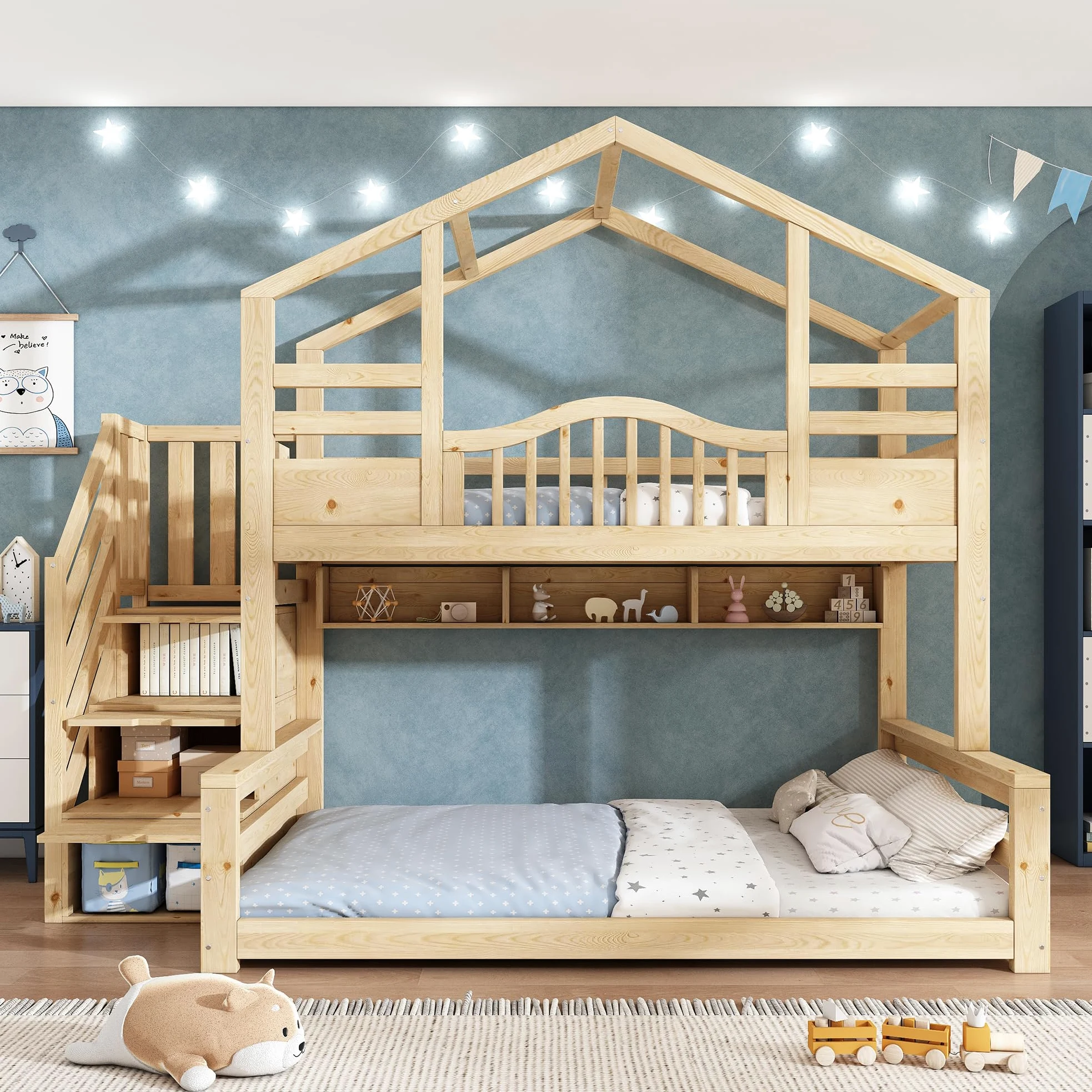 Lit Superposé Enfant avec escalier de rangement et étagères, Lit Enfant multifonctionnel avec 90x200 partie supérieure et 140x200 partie inférieure, en bois naturel Beige Clair Naturel (Sans Matelas)