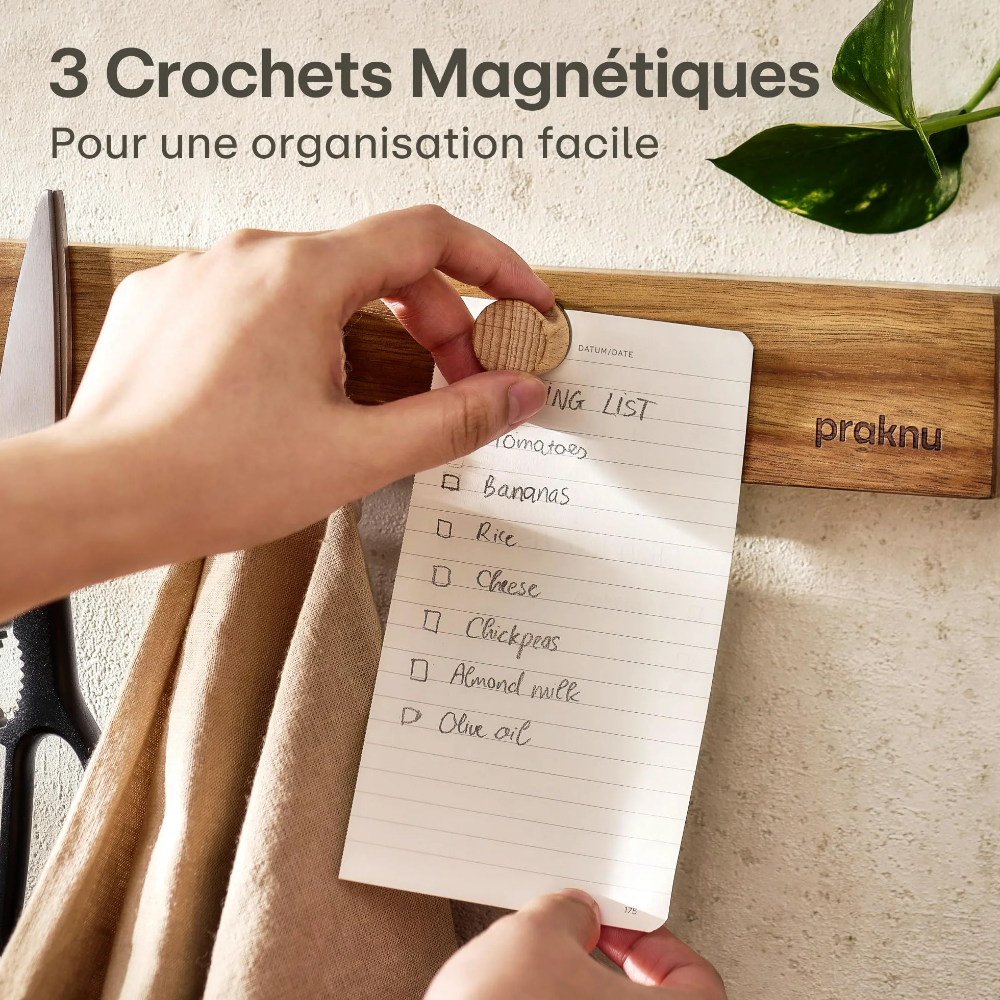 Praknu Porte Couteaux Aimanté Autocollante - 40 cm en Bois d’Acacia – Avec 3 Crochets Magnétiques - Barre Murale pour Jusqu’à 8 Couteaux Lourds