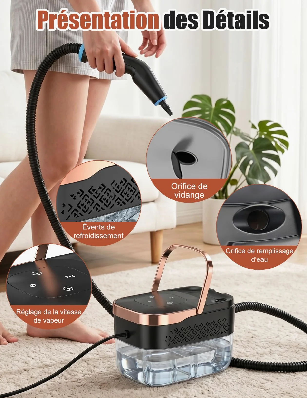 Nettoyeur à Vapeur, 2500W Nettoyeur à Vapeur Manuel Polyvalent avec 6 Vitesses Réglables et 8 Types de Buses, 1250ML Portable Haute Pression pour Maison et Voiture
