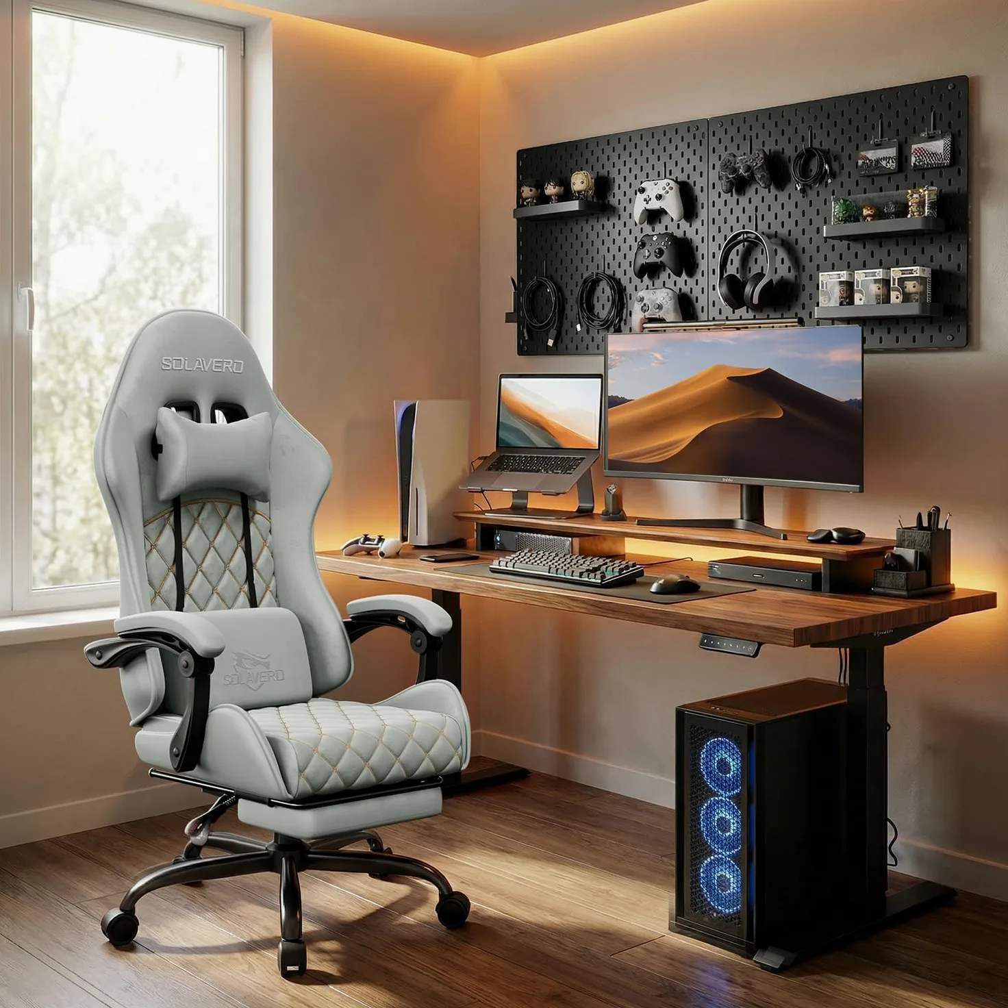 SOLAVERO Chaise Gaming en Tissu Suédine, Fauteuil Gamer Ergonomique avec Support Lombaire Massante, Siège de Bureau avec Repose-Pieds Télescopique, Charge 150kg, Bleu Clair