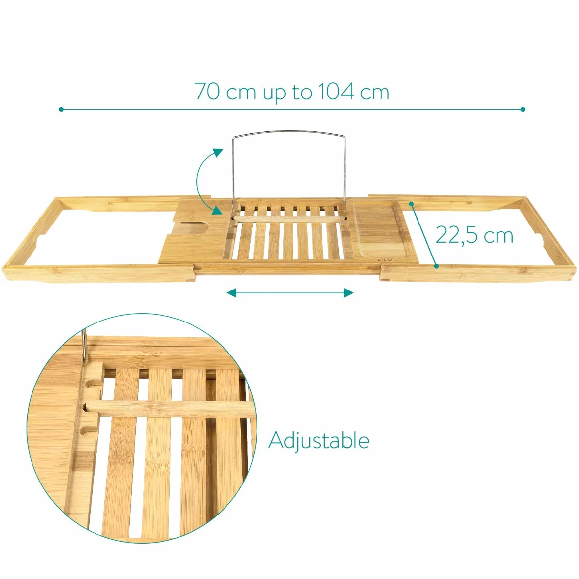 Navaris Pont de Baignoire Bambou - Plateau de Bain Extensible 70-104 cm avec Support Rangement Tablette Livre téléphone Verre de vin Bougie