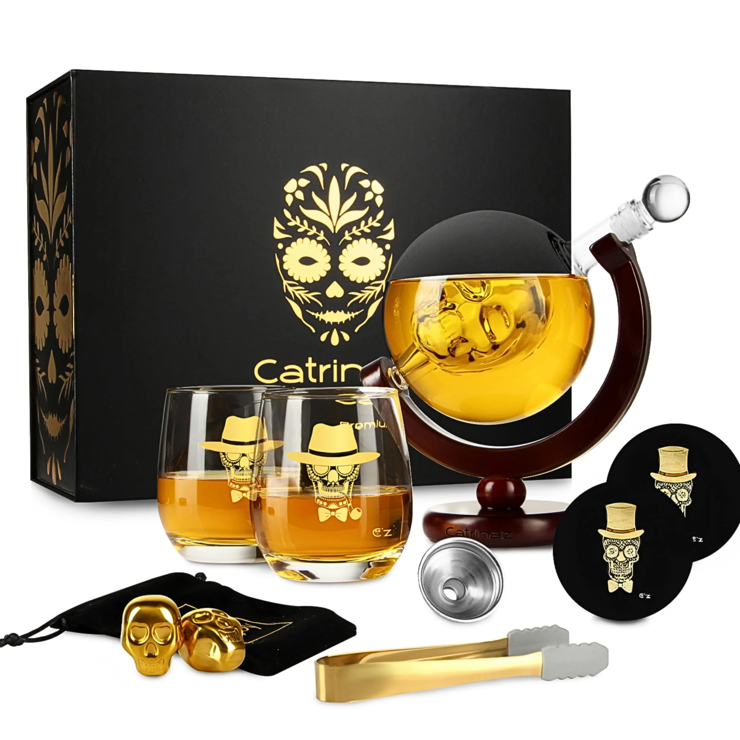 Set de Carafe à Whisky - Carafe crâne - Skull Decanter - Set Whisky Luxueux -0,9l - 2 Pierres à Whisky en Acier Inoxydable Couleur Or - 2 Verres à Whisky Uniques - 2 sous-Verres Uniques