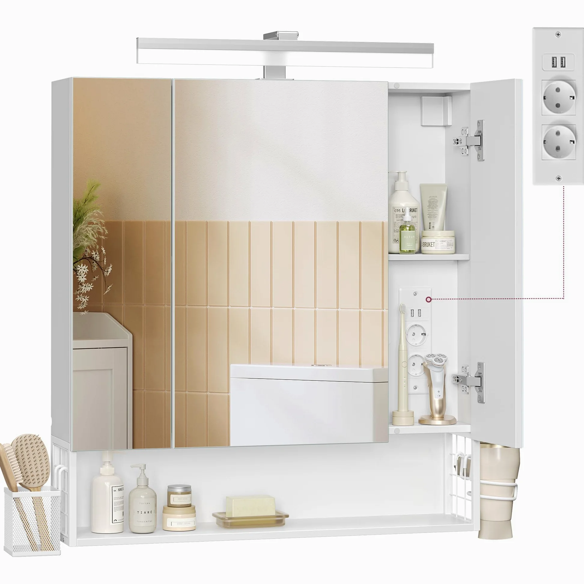 VASAGLE Meuble de Salle de Bain avec Éclairage LED, 16,5 x 70 x 75 cm, Multiprise, Panier Suspendu, Support pour Sèche-Cheveux, pour Salle de Bain, Lavabo, Blanc Nuage BBK126W01