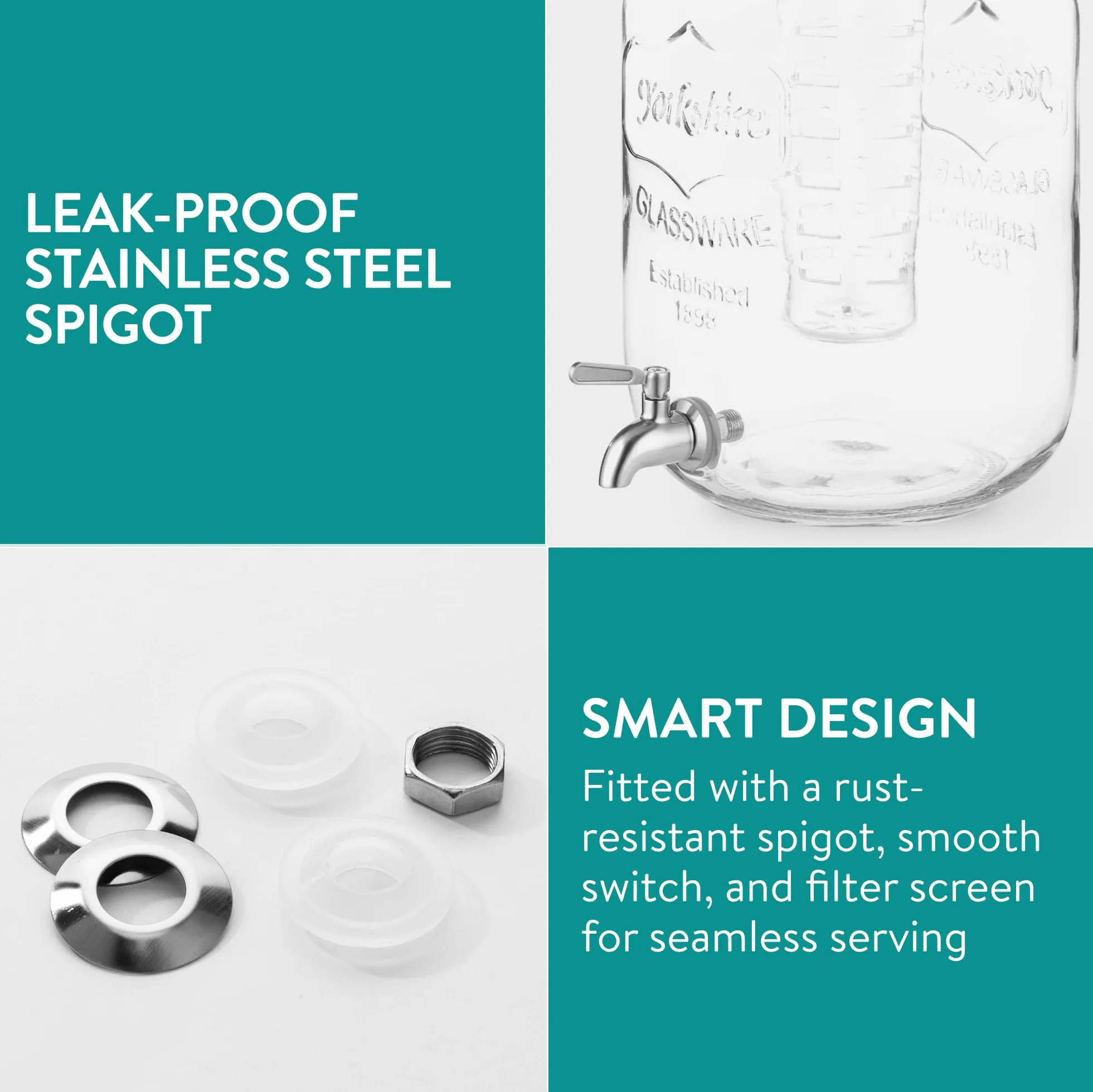 Navaris Distributeur de Boissons avec Robinet - Distributeur Boisson 8 L en Verre avec Couvercle et 2X Insert - Fontaine Eau Cocktail Jus Alcool