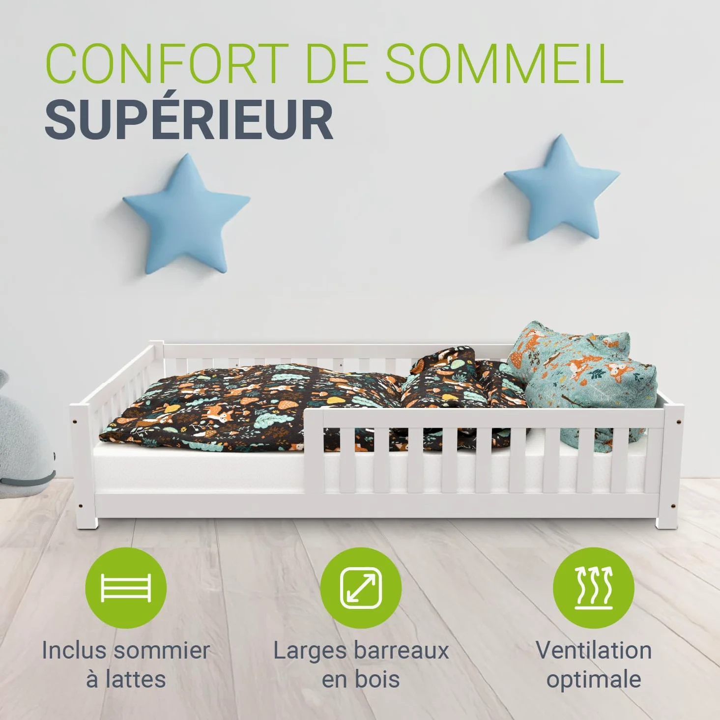 Juskys Lit au Sol Enfant Naya 120x200 cm avec Barrière de Sécurité et Sommier à Lattes, Lit à barreaux Montessori en Bois Massif Pin pour Enfants et Adolescent, Blanc