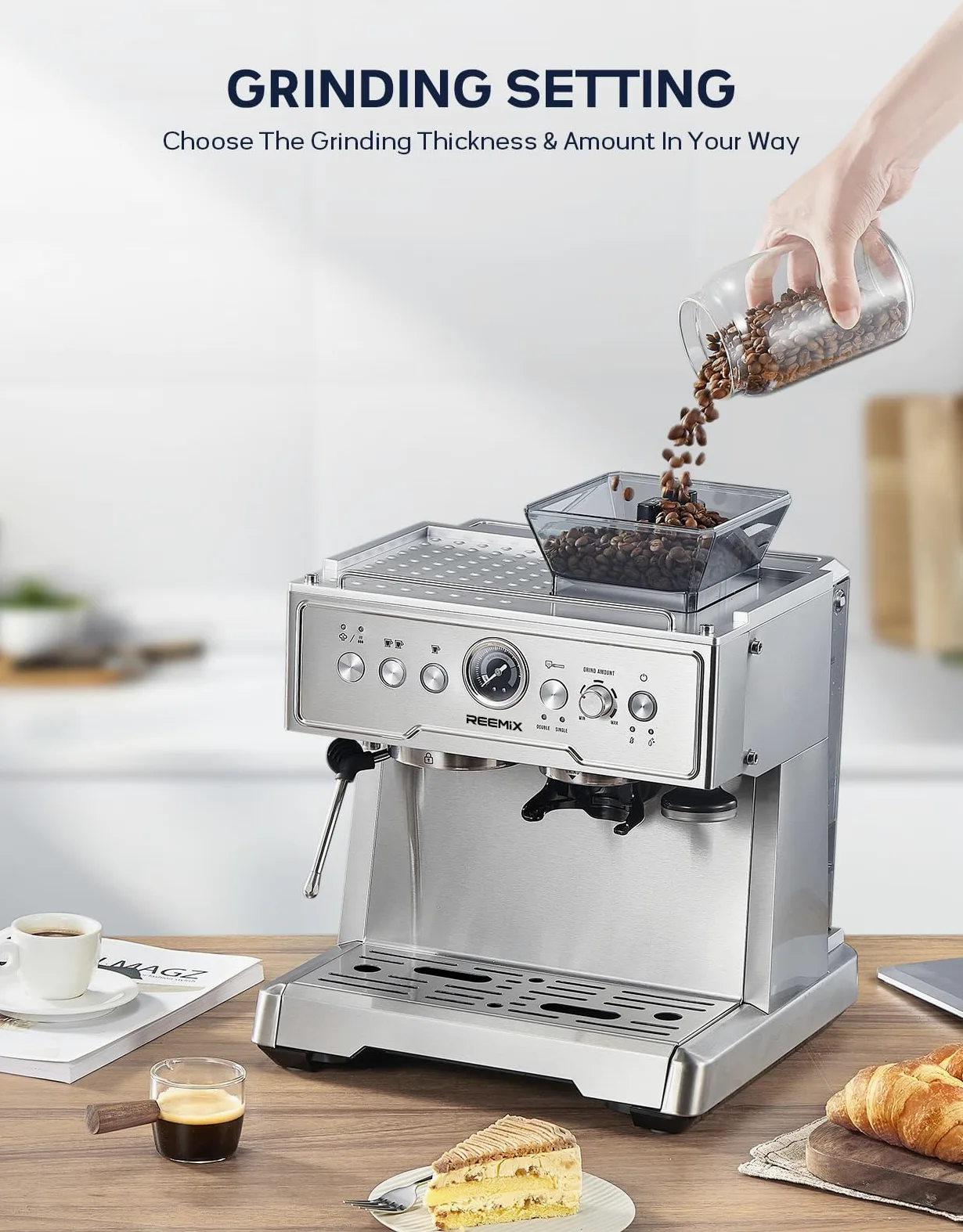 Reemix Machine à Expresso avec Porte-Filtre, Machine à Café 20 Bars avec Moulin Intégré et Mousseur à Lait, 1350 W, Réservoir de 2,8 l, Acier Inoxydable/Argenté, Kit Barista (54 mm Porte-Filtre)