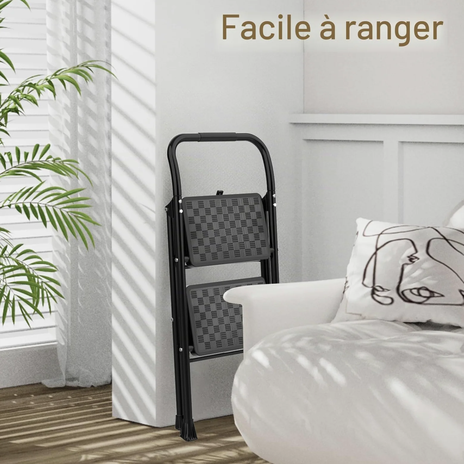 HBTower Escabeau 2 Marches Pliable, Marchepied avec Poignée Rembourrée, Capacité 150KG, Marches Larges Antidérapantes