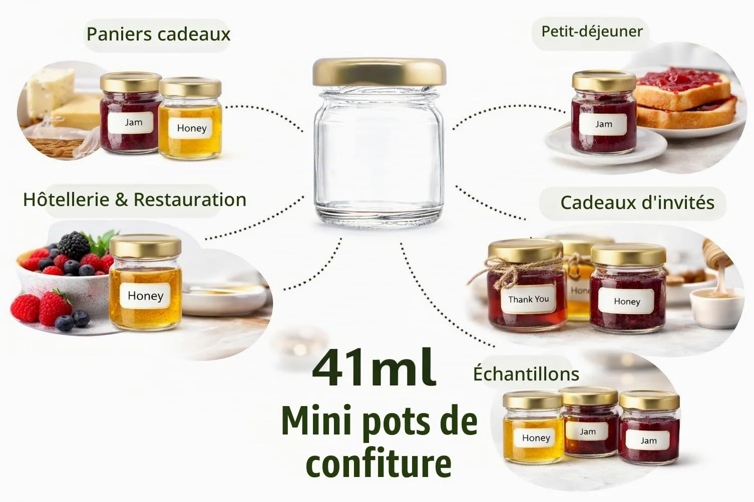 Lot de 100 mini bocaux à confiture/conserve 41 ml + couvercles dorés à visser Idéal pour échantillons, portions de petit-déjeuner, mariages et cadeaux