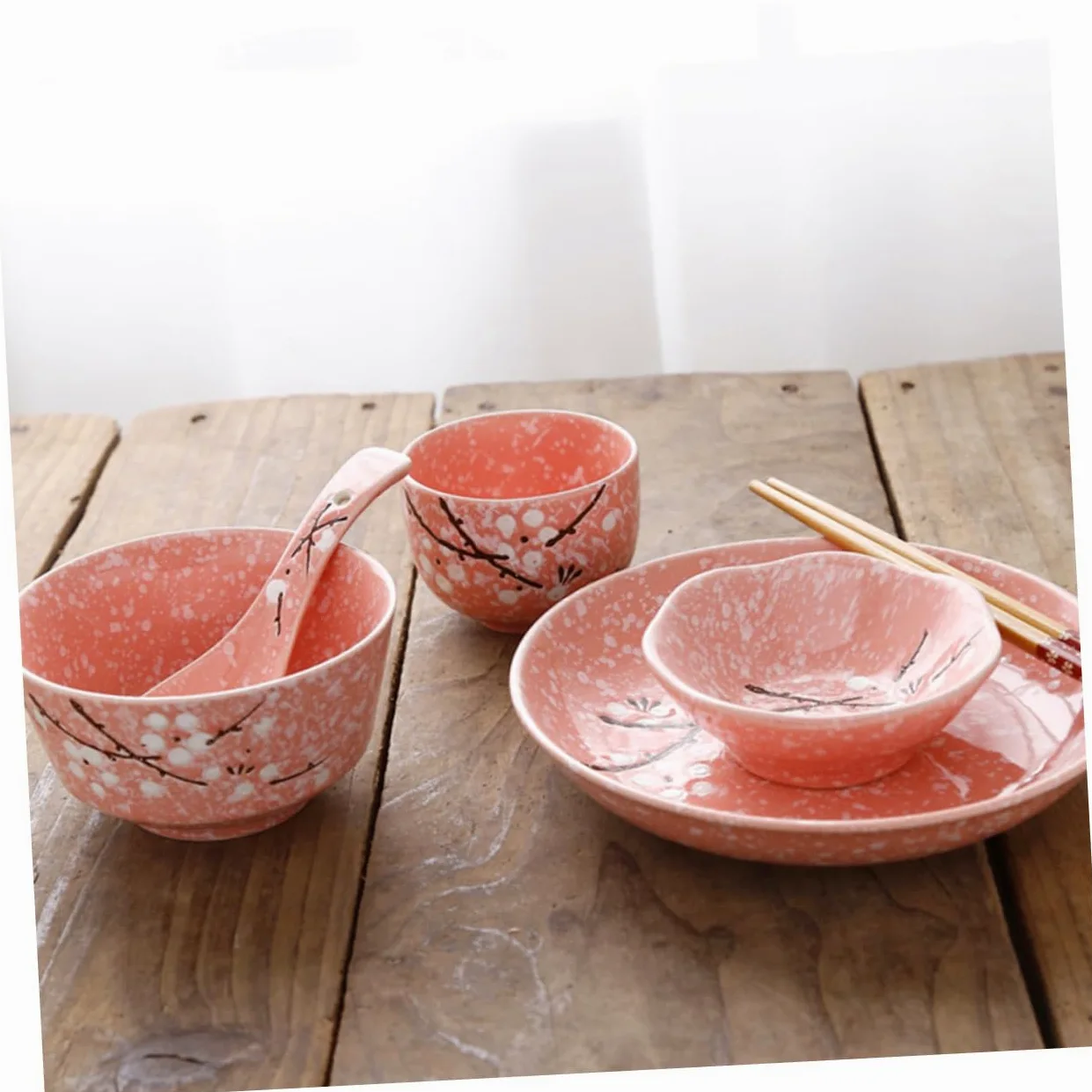 Service de Table Japonerie en Céramique Rose, 12 Pièces pour Maison | Style Délicat, Usage Maison ou Restaurant, Ensemble Unique, Finition Rose, Composition Céramique