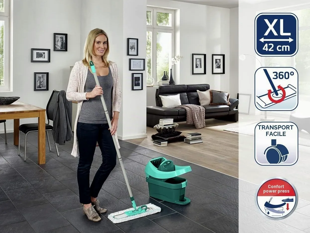 Leifheit Kit Profi XL Essore-housse avec Roulettes et Lave-Sol, housse de rechange incluse, seau et balais-serpillère simples à utiliser avec mécanisme d'essorage intégré