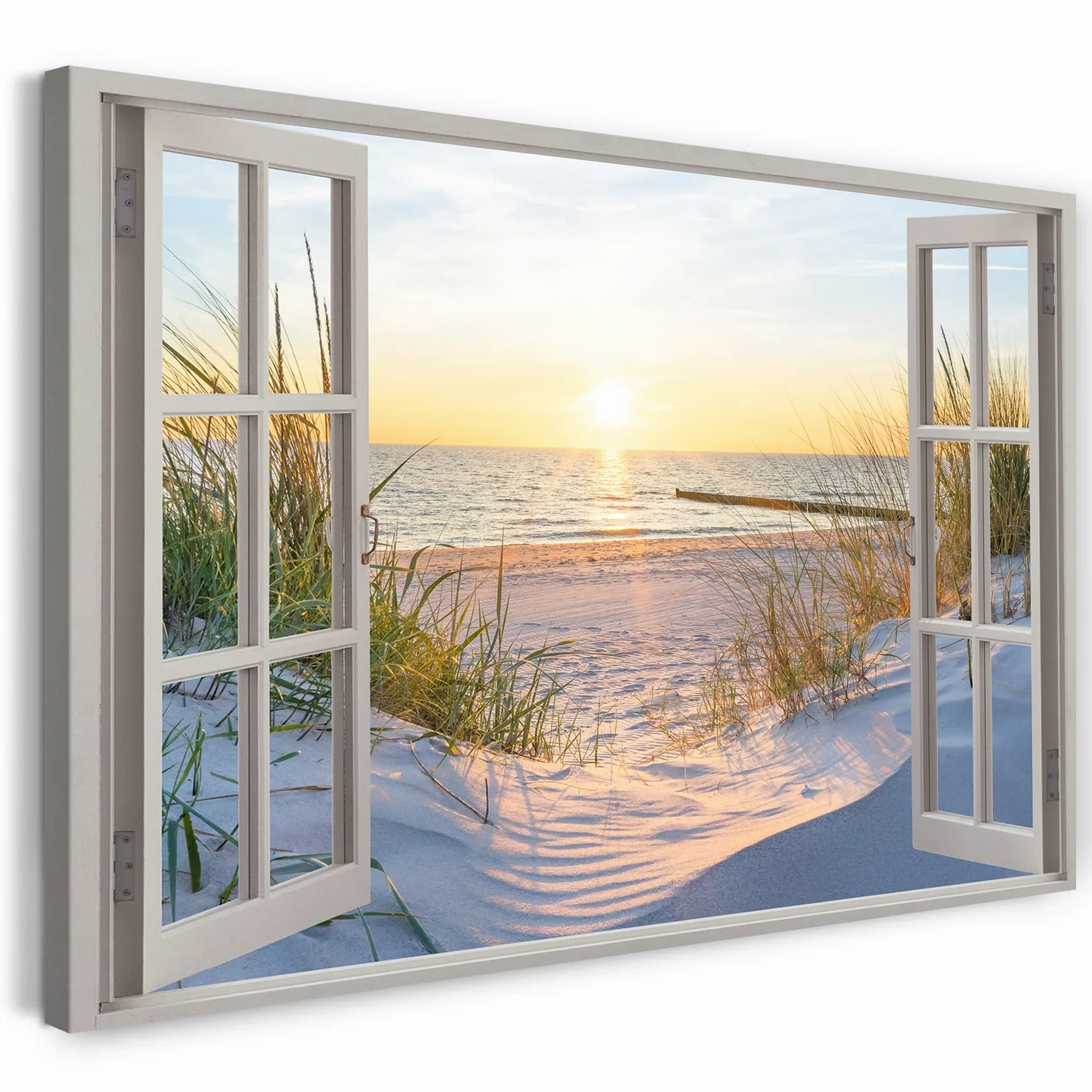 Printistico Impression sur toile (120x80 cm) vue depuis la fenêtre - plage, mer, sable, coucher de soleil, vacances, photographie nature, cadre en bois véritable avec crochet,