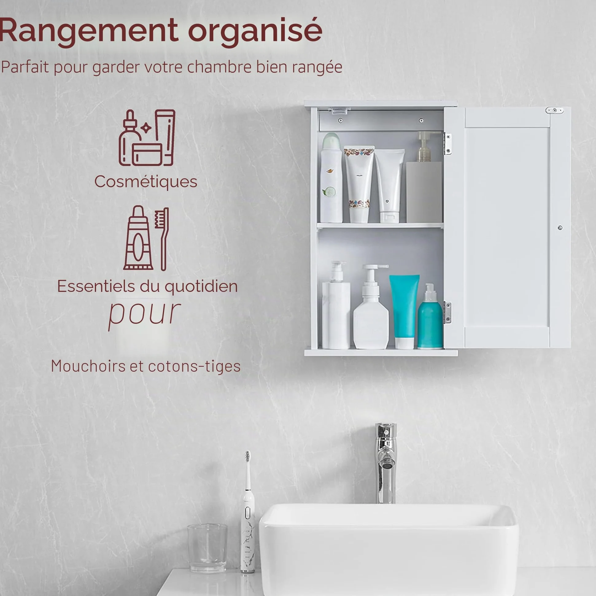 Bath Vida Priano Armoire Murale de Salle de Bain – Armoire Blanche à Porte Unique avec Étagère Intérieure, Rangement Mural Gain de Place – H 50 x L 30 x P 14 cm