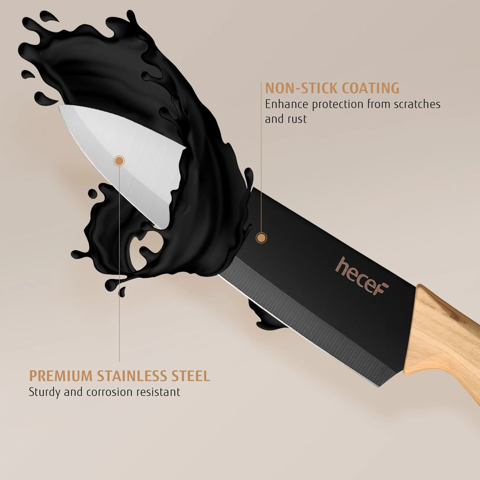 hecef Bloc Couteaux 6 Pièces avec Bloc Universel, Couteaux de Cuisine En Acier Inox, Couteau de Chef & Santoku, Ultra Tranchant, Manches Ergonomiques, Lames Noires Antiadhésives, Maison et les Cadeaux