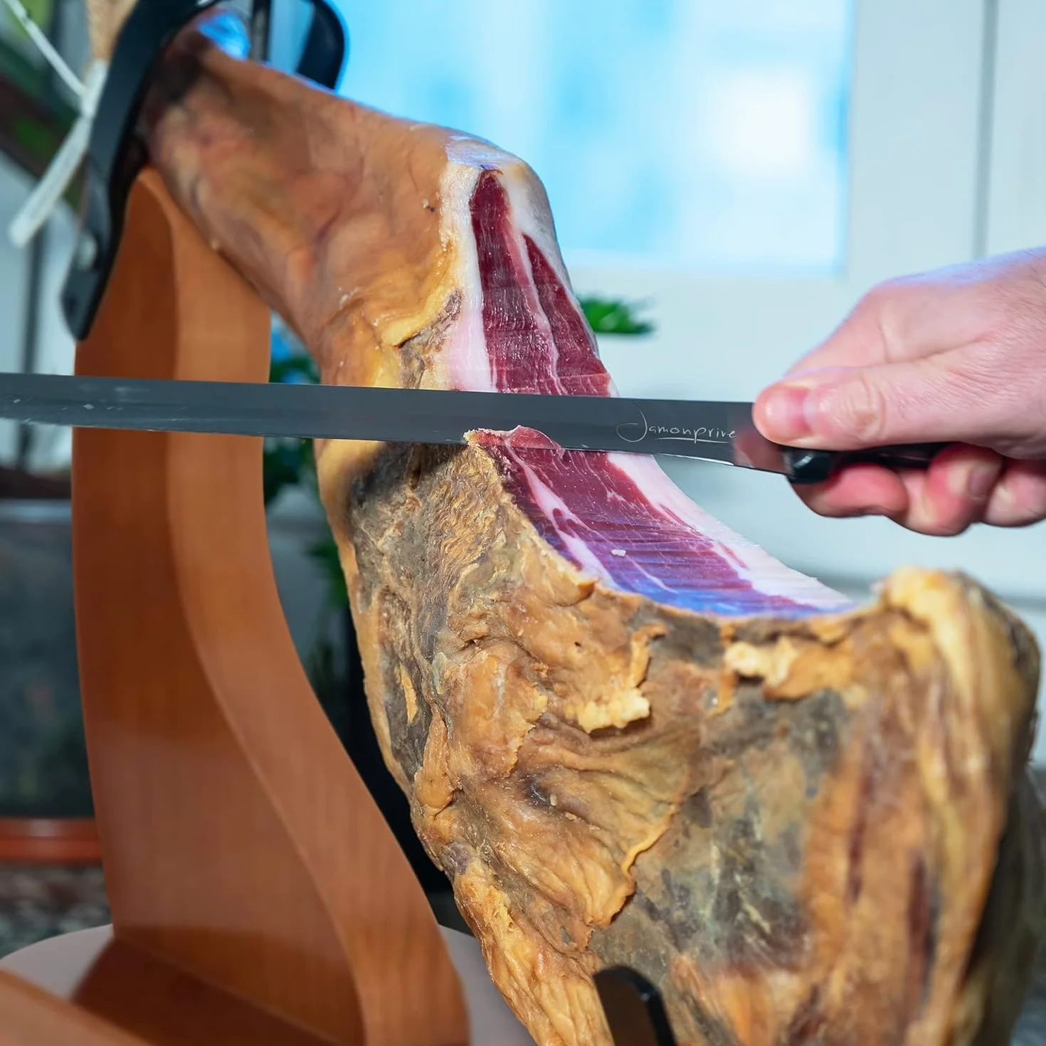 Support à Jambon + Couteau + Fusil à Aiguiser + Couvre Jambon + Torchon + Pinces - Jamonprive